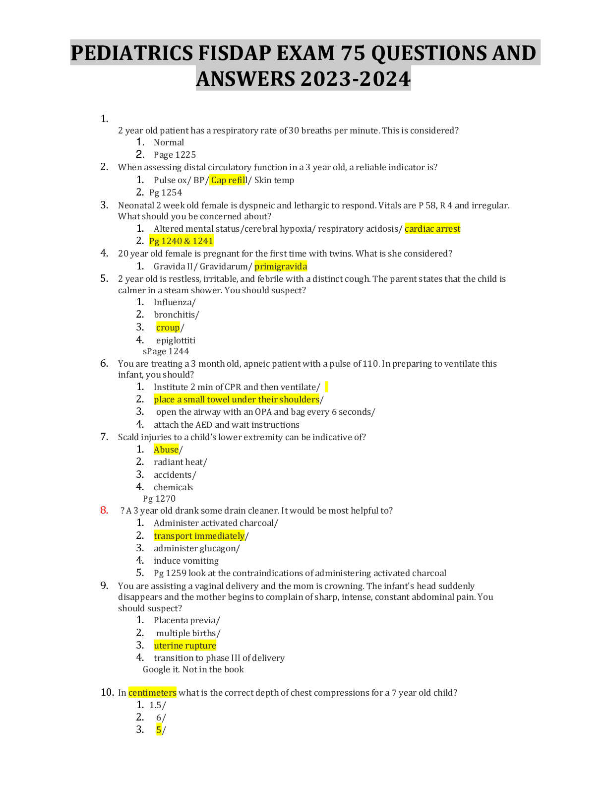 Preview of PEDIATRICS FISDAP EXAM 75 QUESTIONS AND ANSWERS 2023-2024