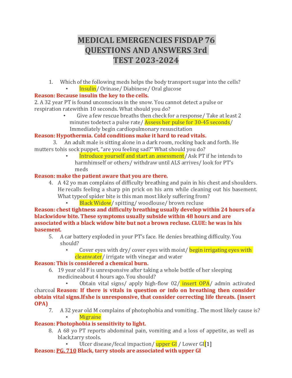 Preview of MEDICAL EMERGENCIES FISDAP 76 QUESTIONS AND ANSWERS 3rd TEST 2023-2024