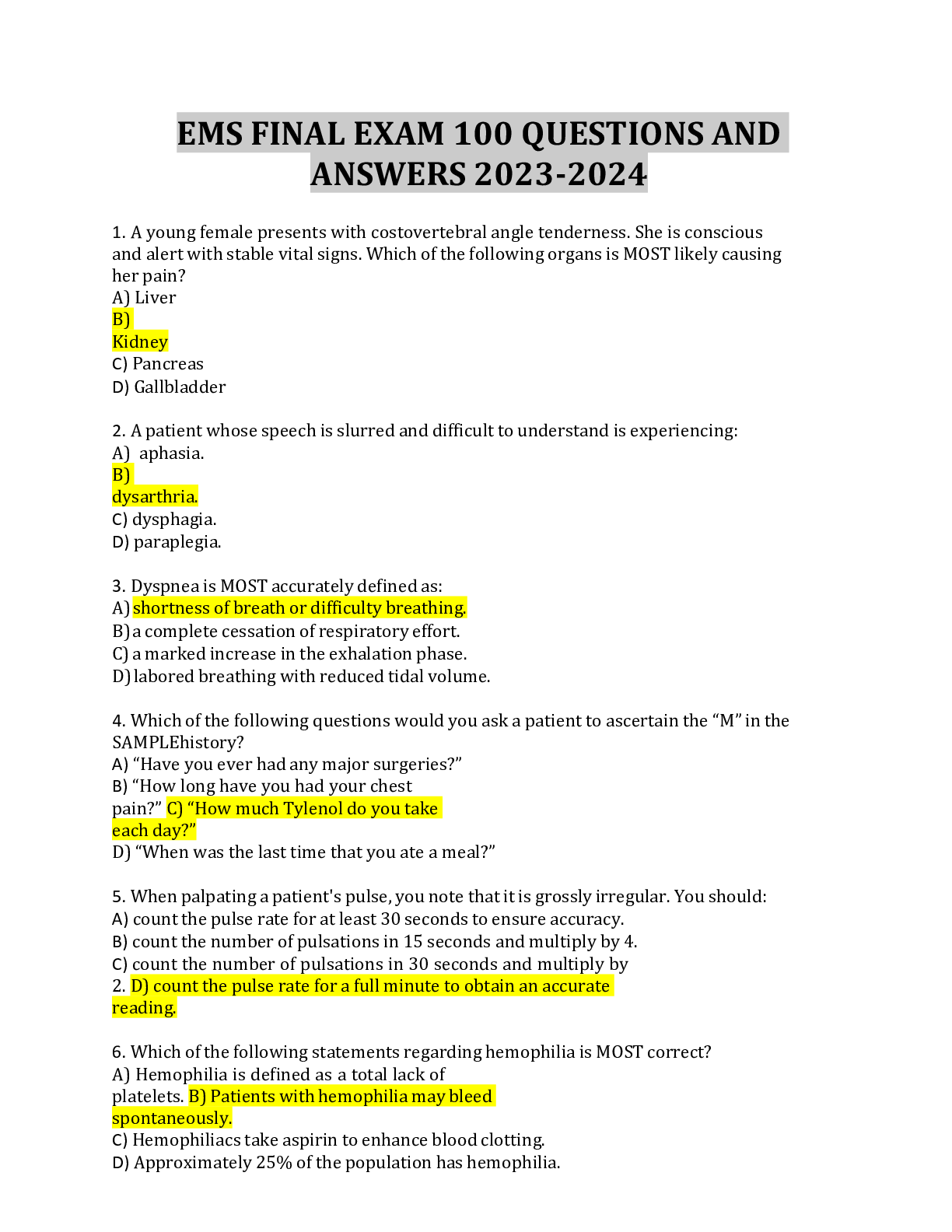 Preview image for EMS FINAL EXAM 100 QUESTIONS AND ANSWERS 2023-2024