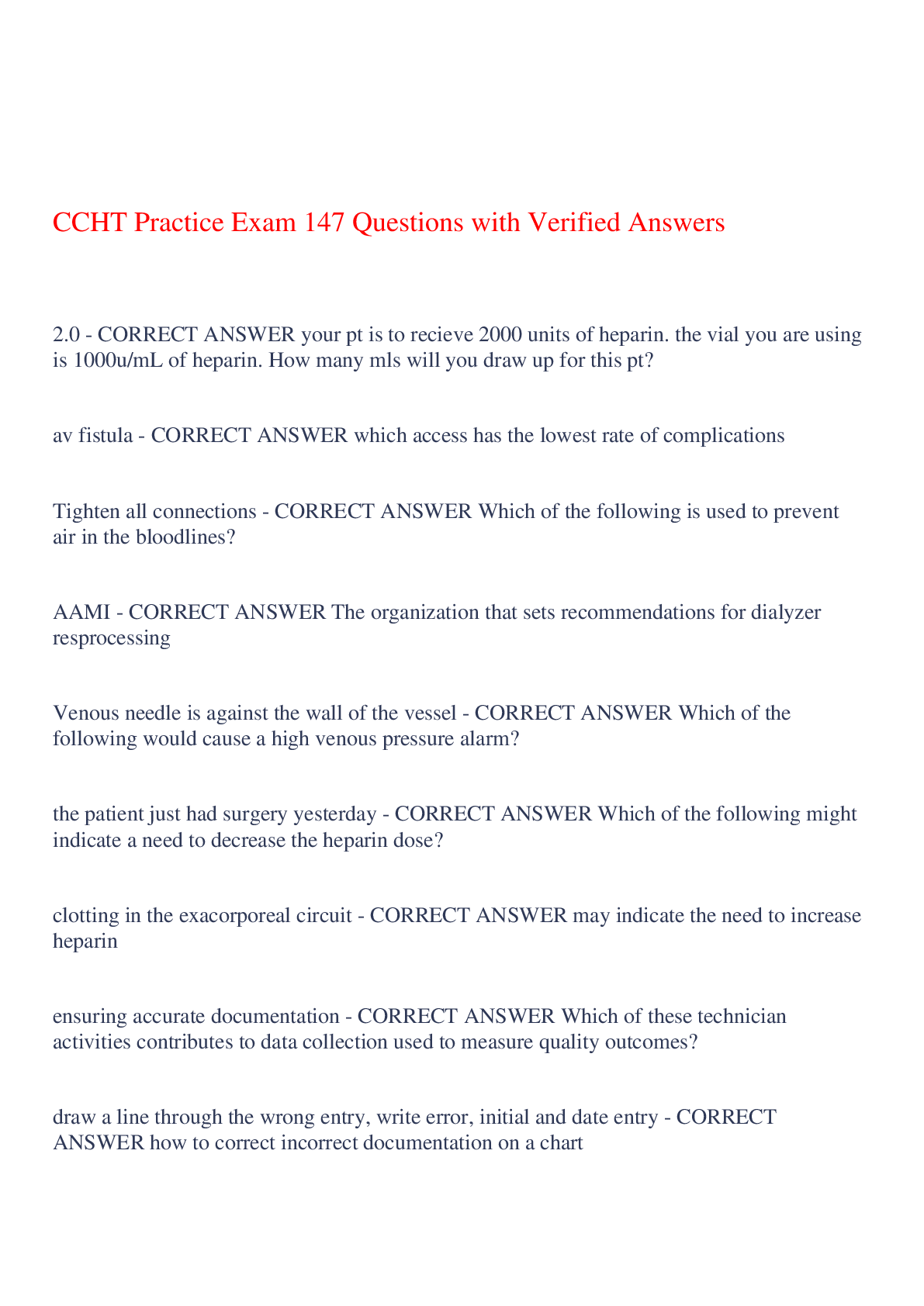 Preview of CCHT Practice Exam 147 Questions with Verified Answers,100% CORRECT