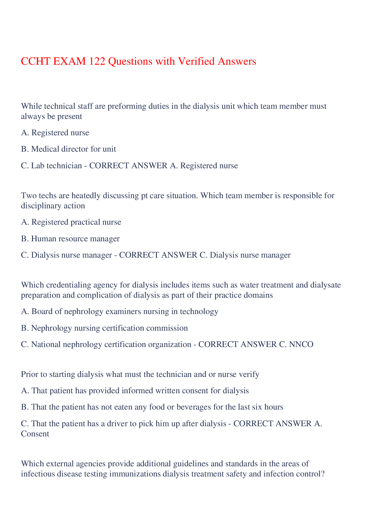 Preview image of CCHT EXAM 122 Questions with Verified Answers,100% CORRECT document