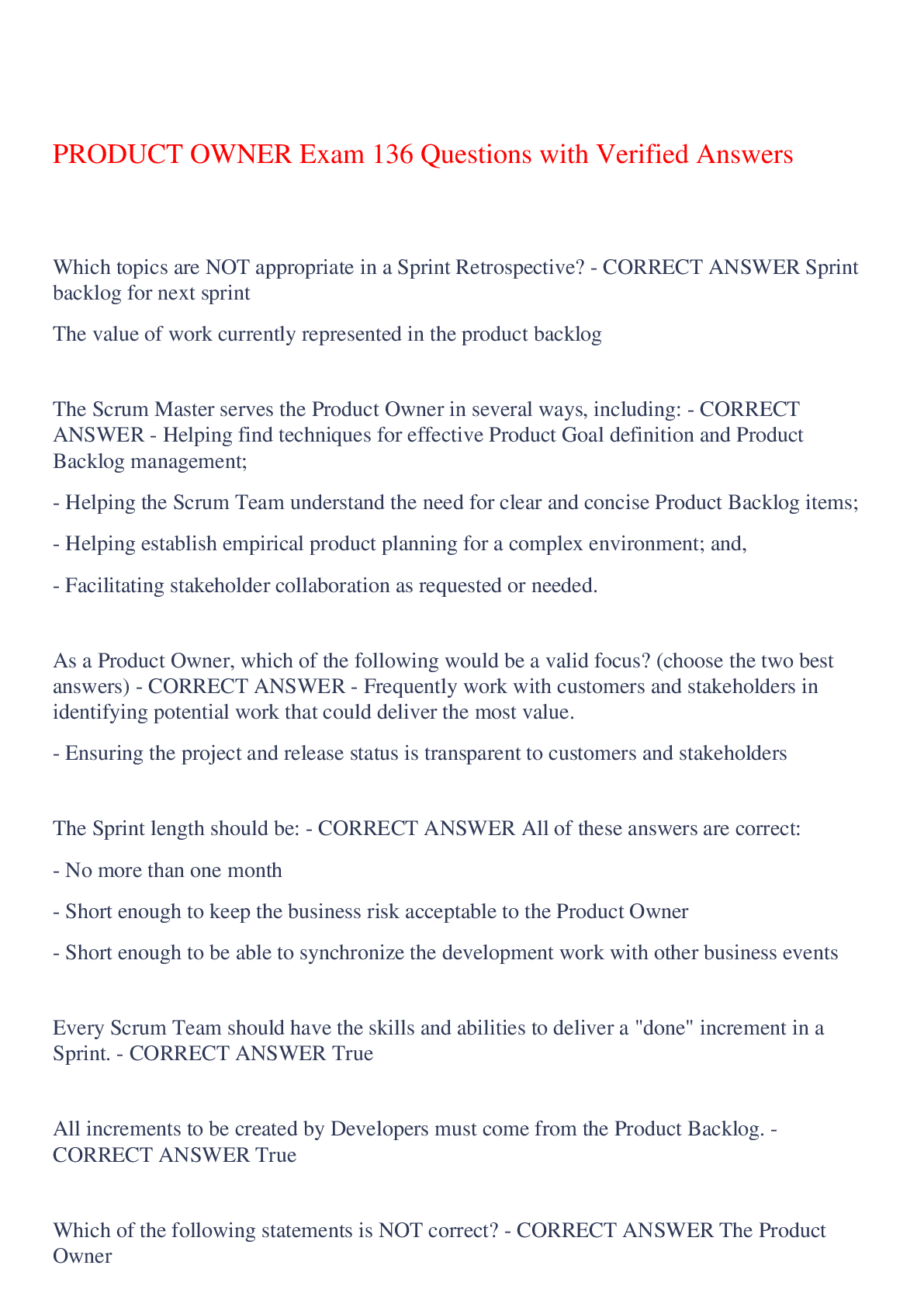 Preview of PRODUCT OWNER Exam 136 Questions with Verified Answers,100% CORRECT