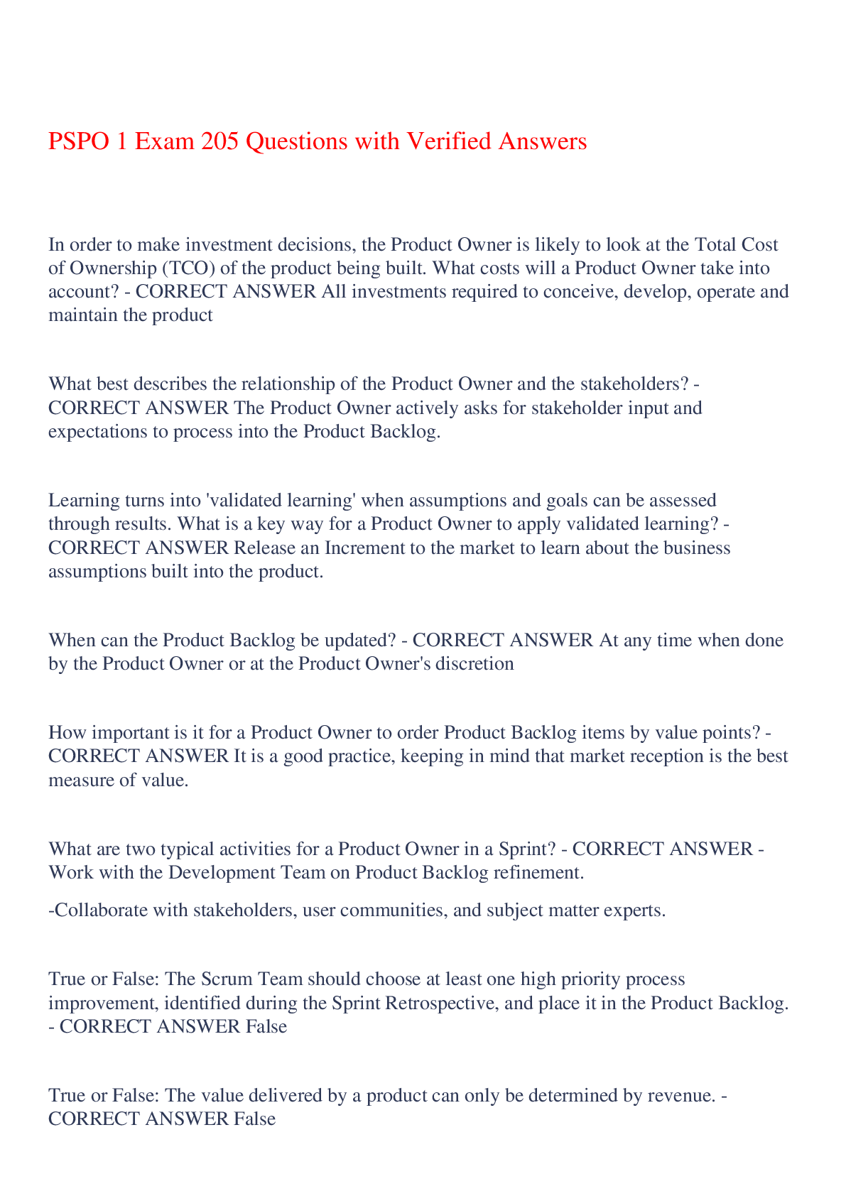 Preview image of PSPO 1 Exam 205 Questions with Verified Answers,100% CORRECT document