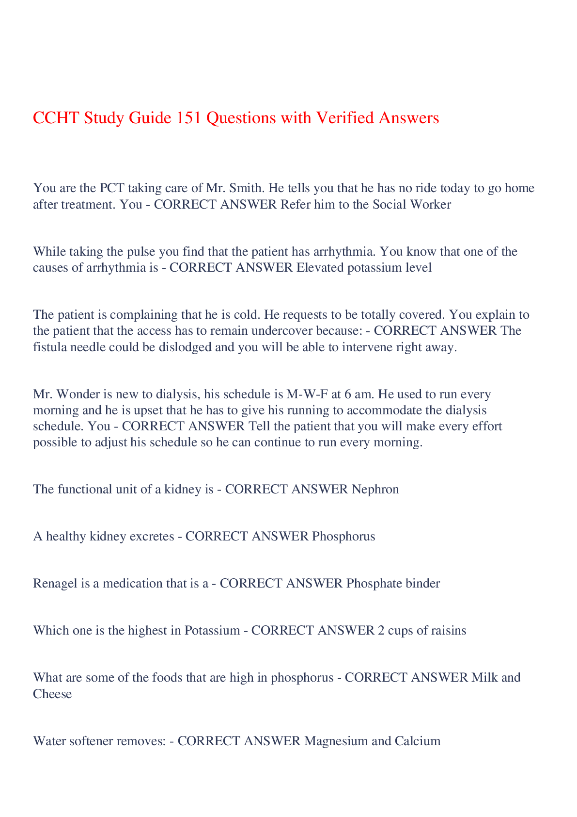 Preview of CCHT Study Guide 151 Questions with Verified Answers,100% CORRECT