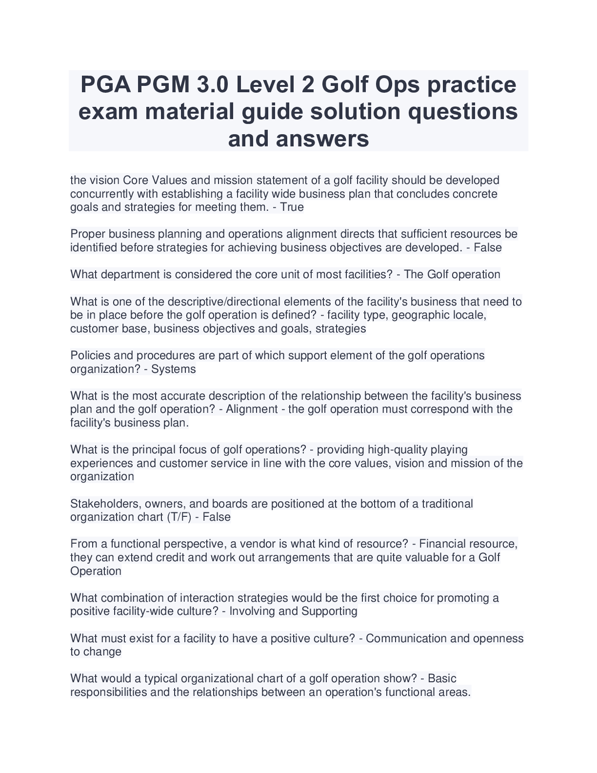 PGA PGM 3.0 Level 2 Golf Ops practiceexam material guide solution questionsand answers