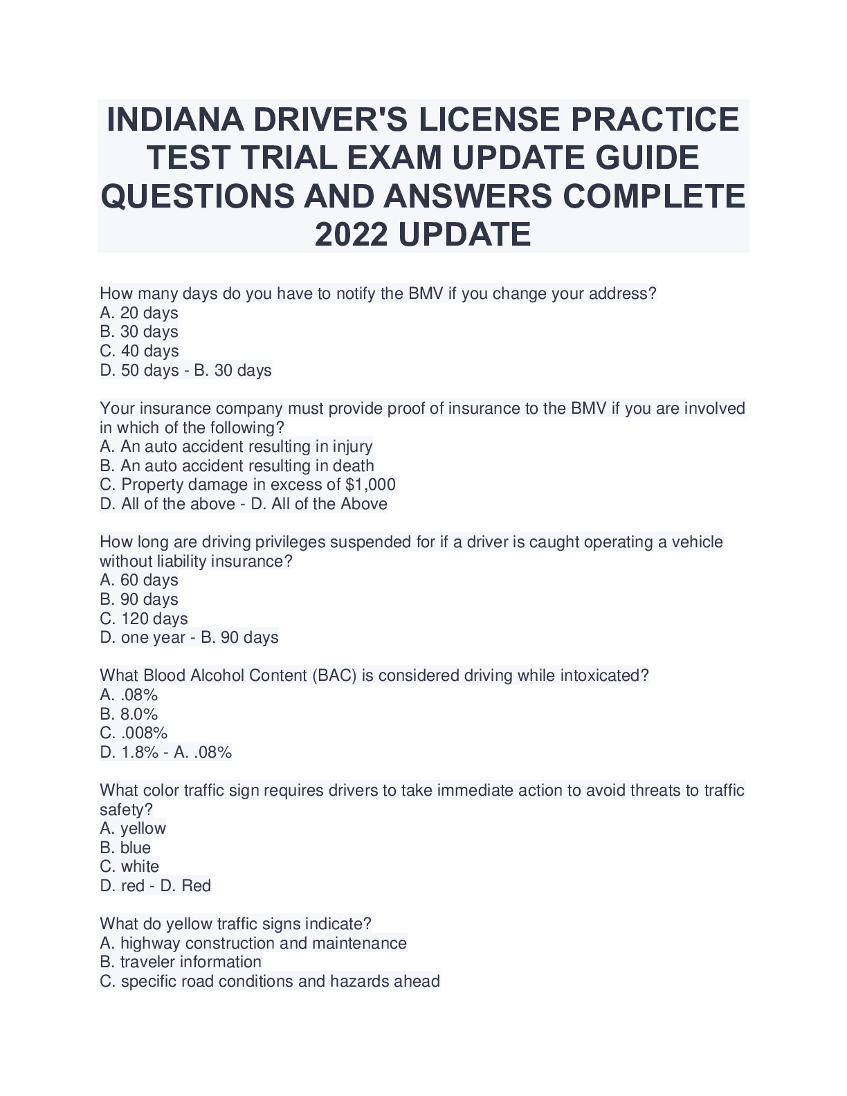 Preview of INDIANA DRIVER'S LICENSE PRACTICETEST TRIAL EXAM UPDATE GUIDEQUESTIONS AND ANSWERS COMPLETE2022 UPDATE