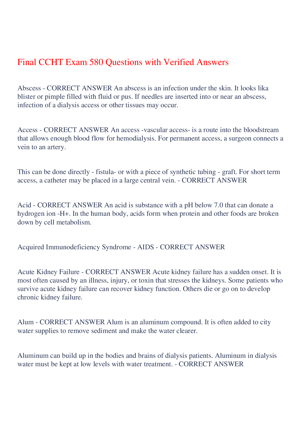 Preview of Final CCHT Exam 580 Questions with Verified Answers,100% CORRECT