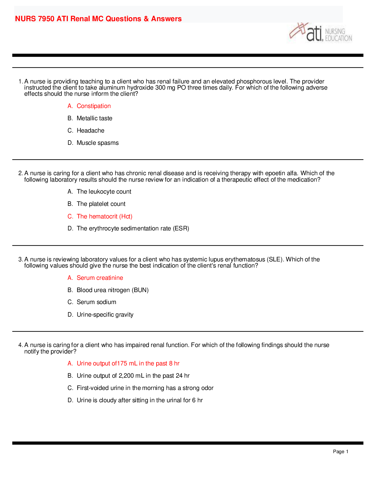 Preview image for NURS 7950 ATI Renal MC Questions & Answers