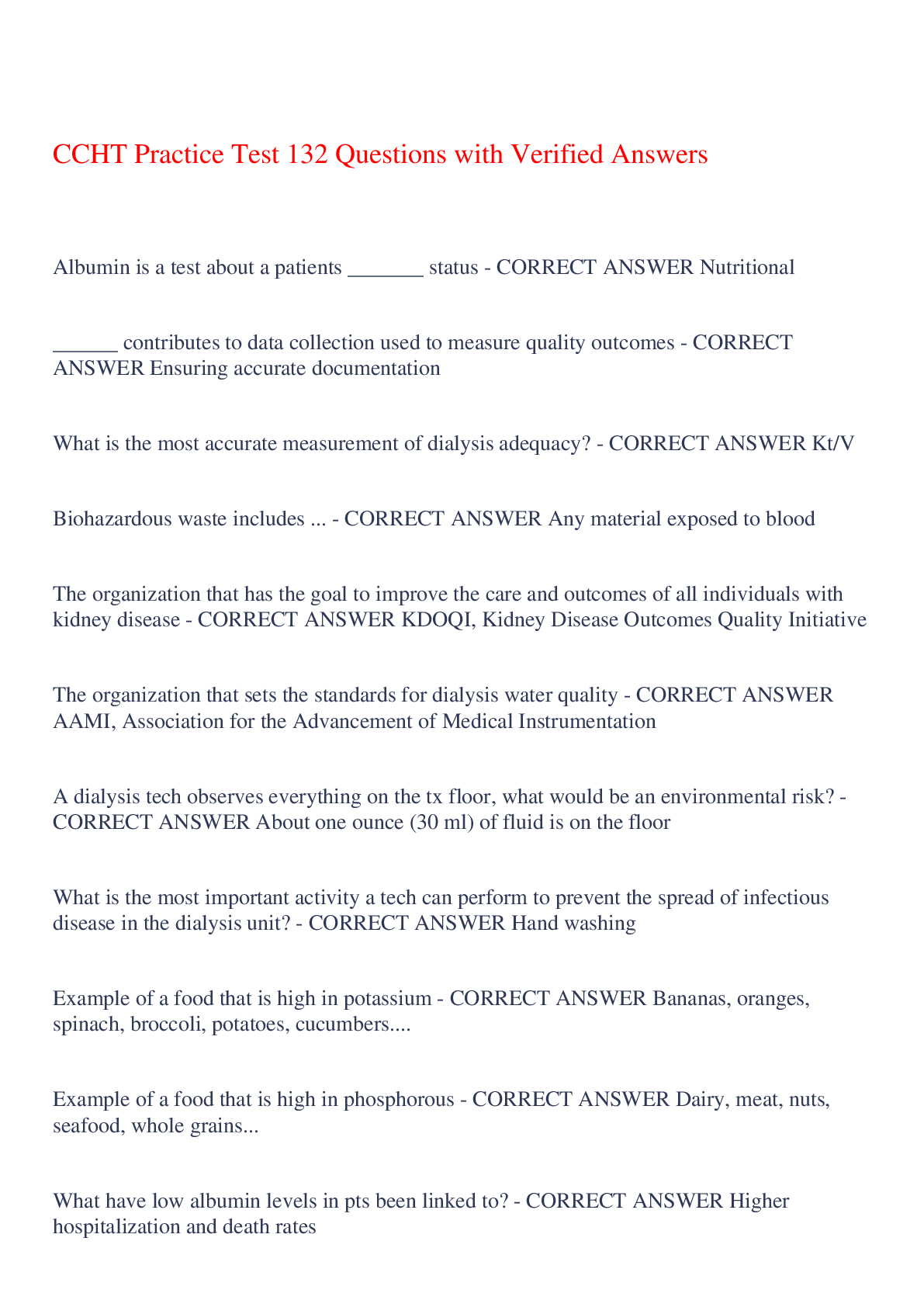 Preview of CCHT Practice Test 132 Questions with Verified Answers,100% CORRECT