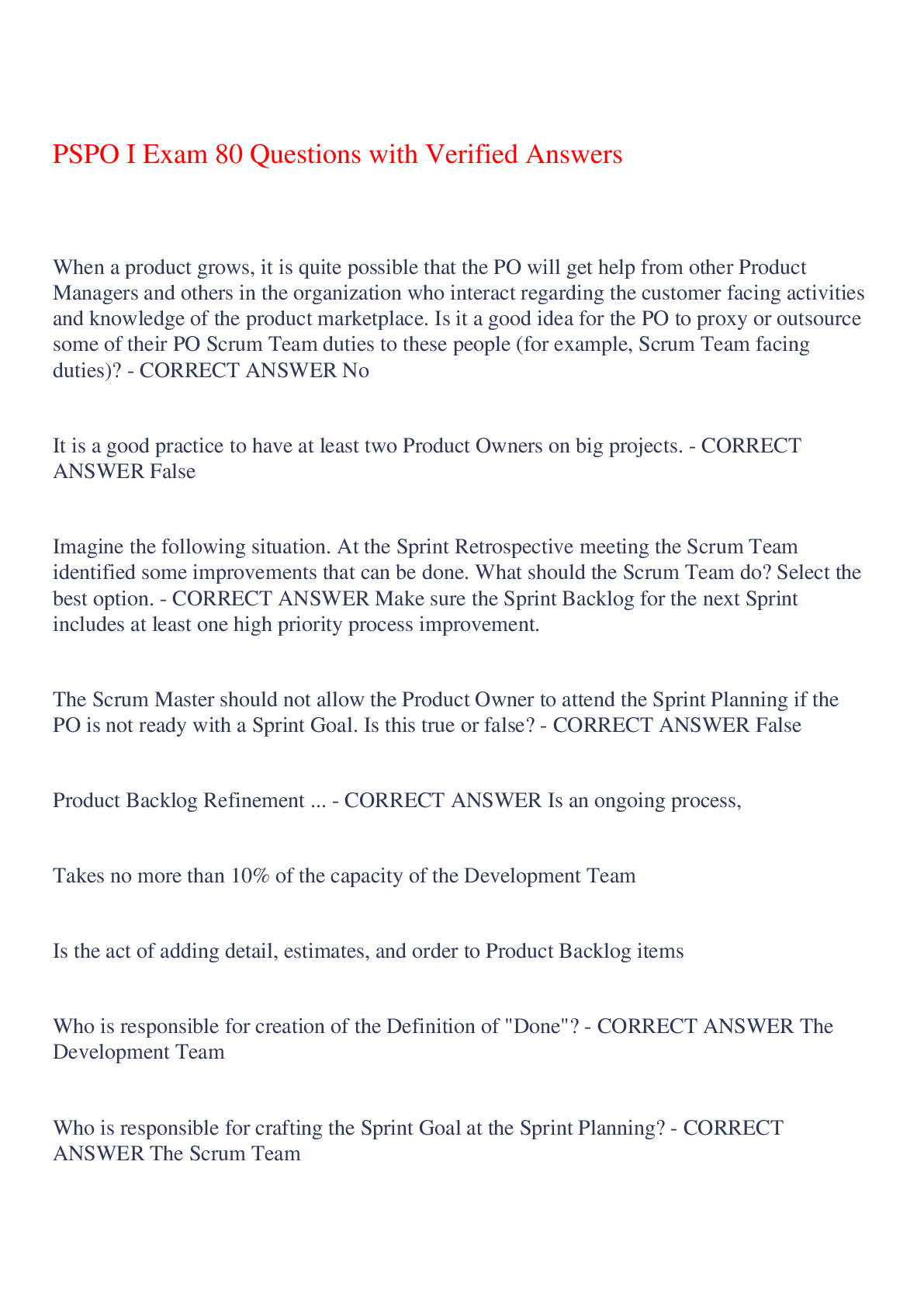 Preview image of PSPO I Exam 80 Questions with Verified Answers,100% CORRECT document