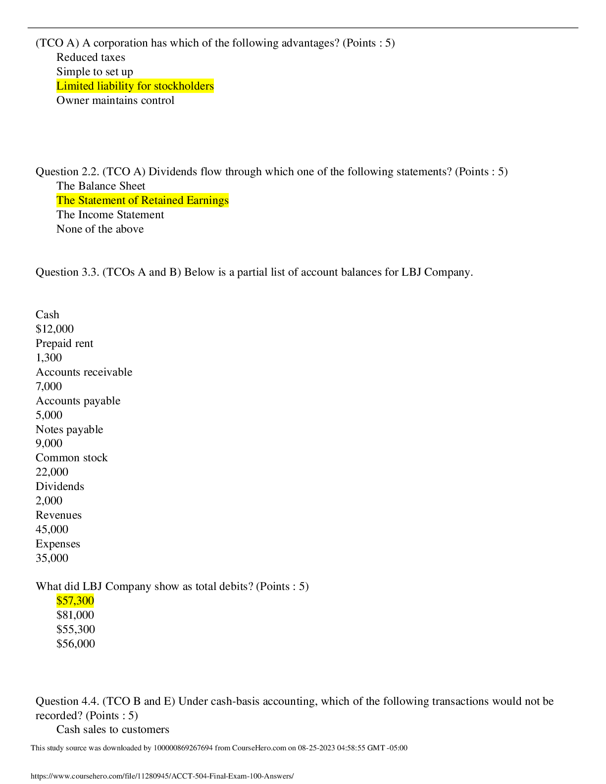 Preview of ACCT 504 Final Exam 100% Answers