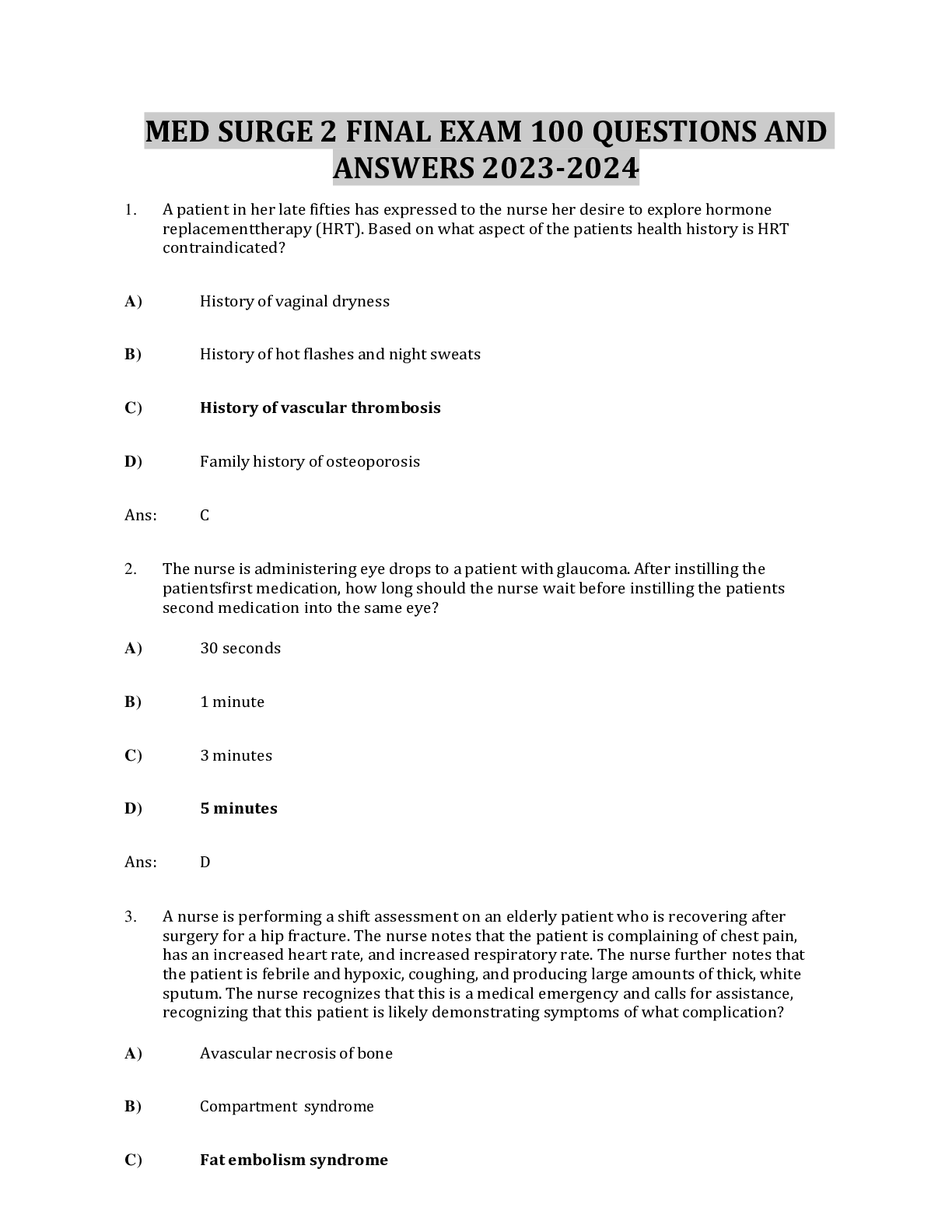 Preview image for MED SURGE 2 FINAL EXAM 100 QUESTIONS AND ANSWERS 2023-2024