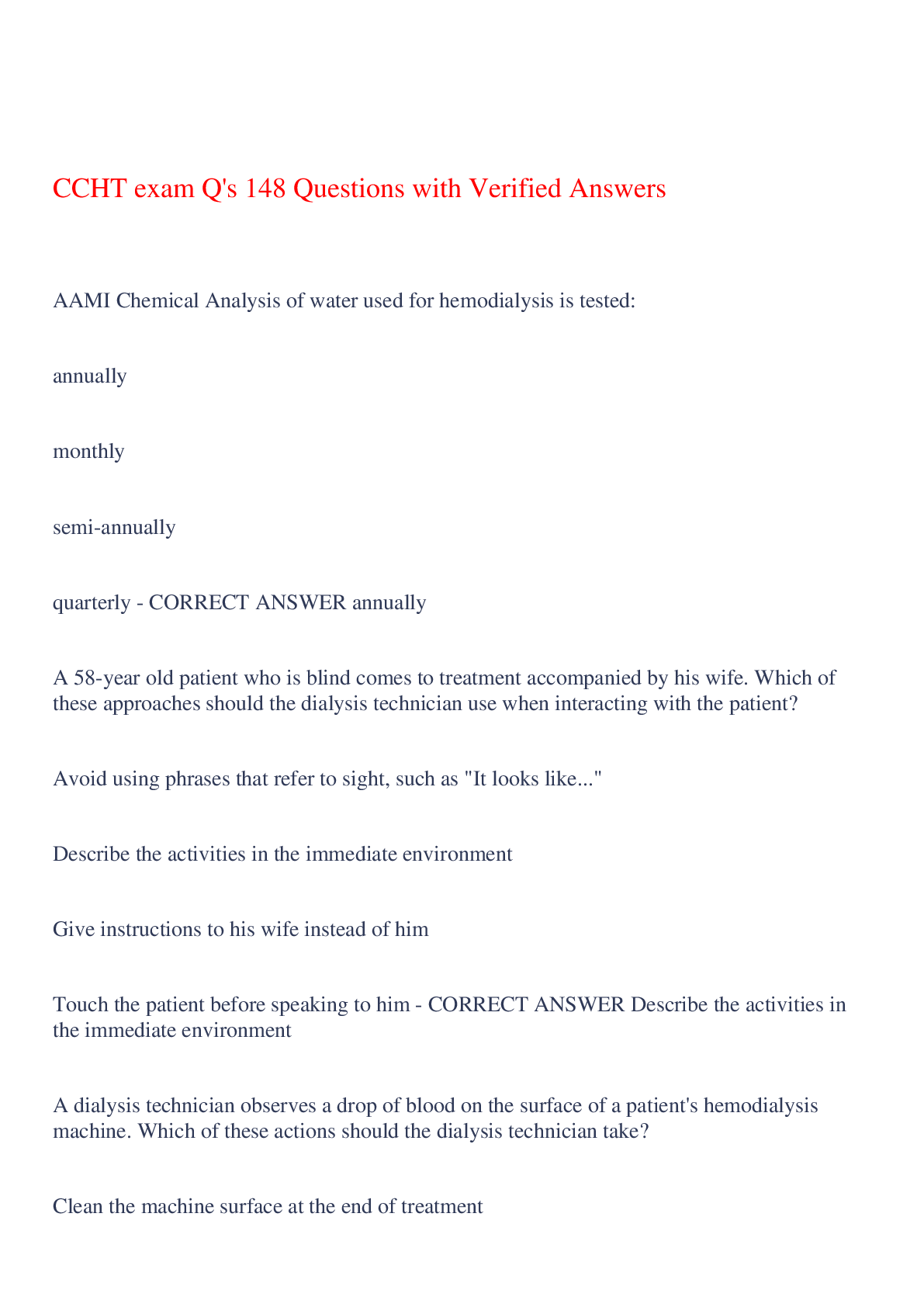 Preview of CCHT exam Q's 148 Questions with Verified Answers,1005 CORRECT