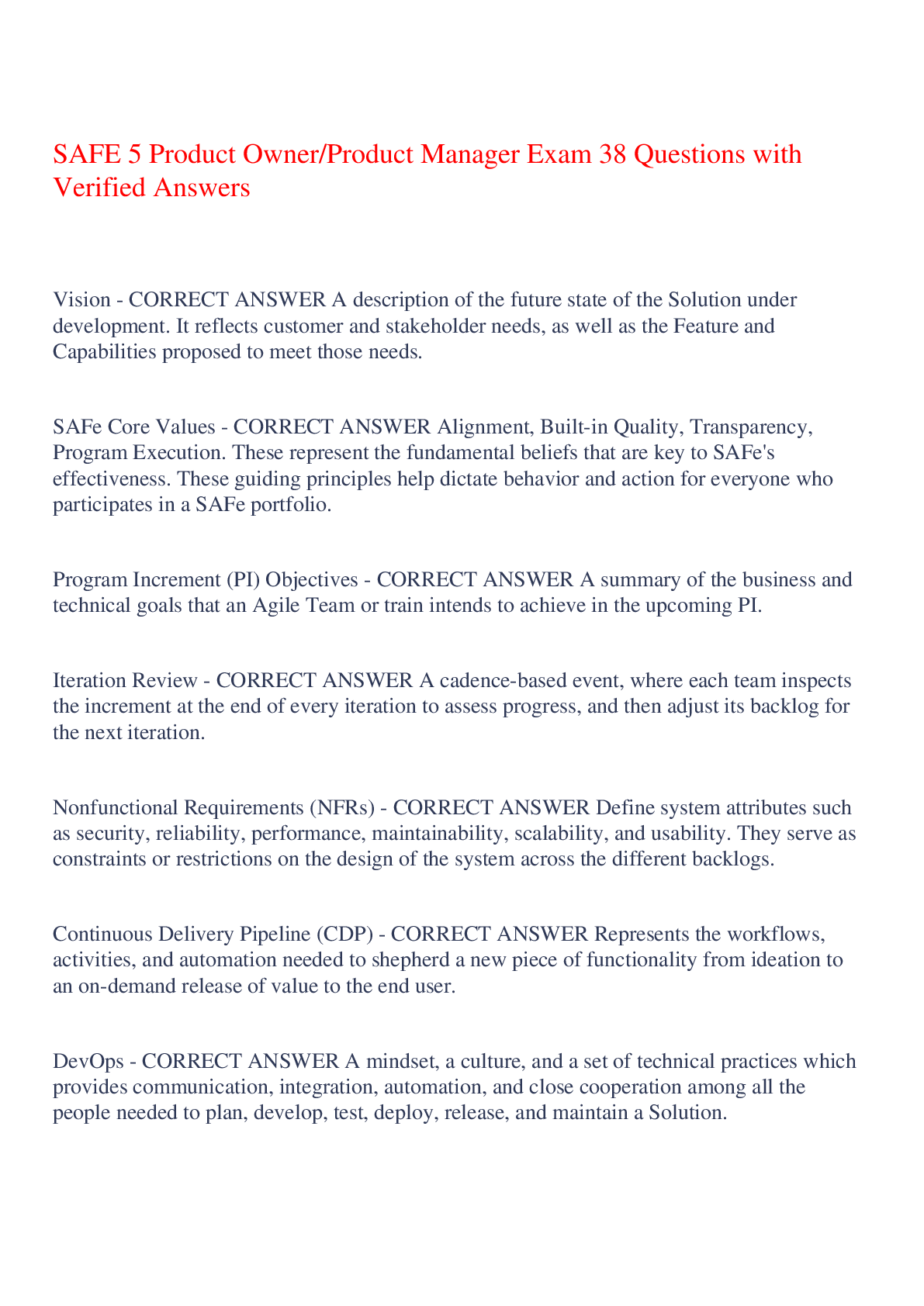 Preview image of SAFE 5 Product Owner/Product Manager Exam 38 Questions with Verified Answers,100% CORRECT document