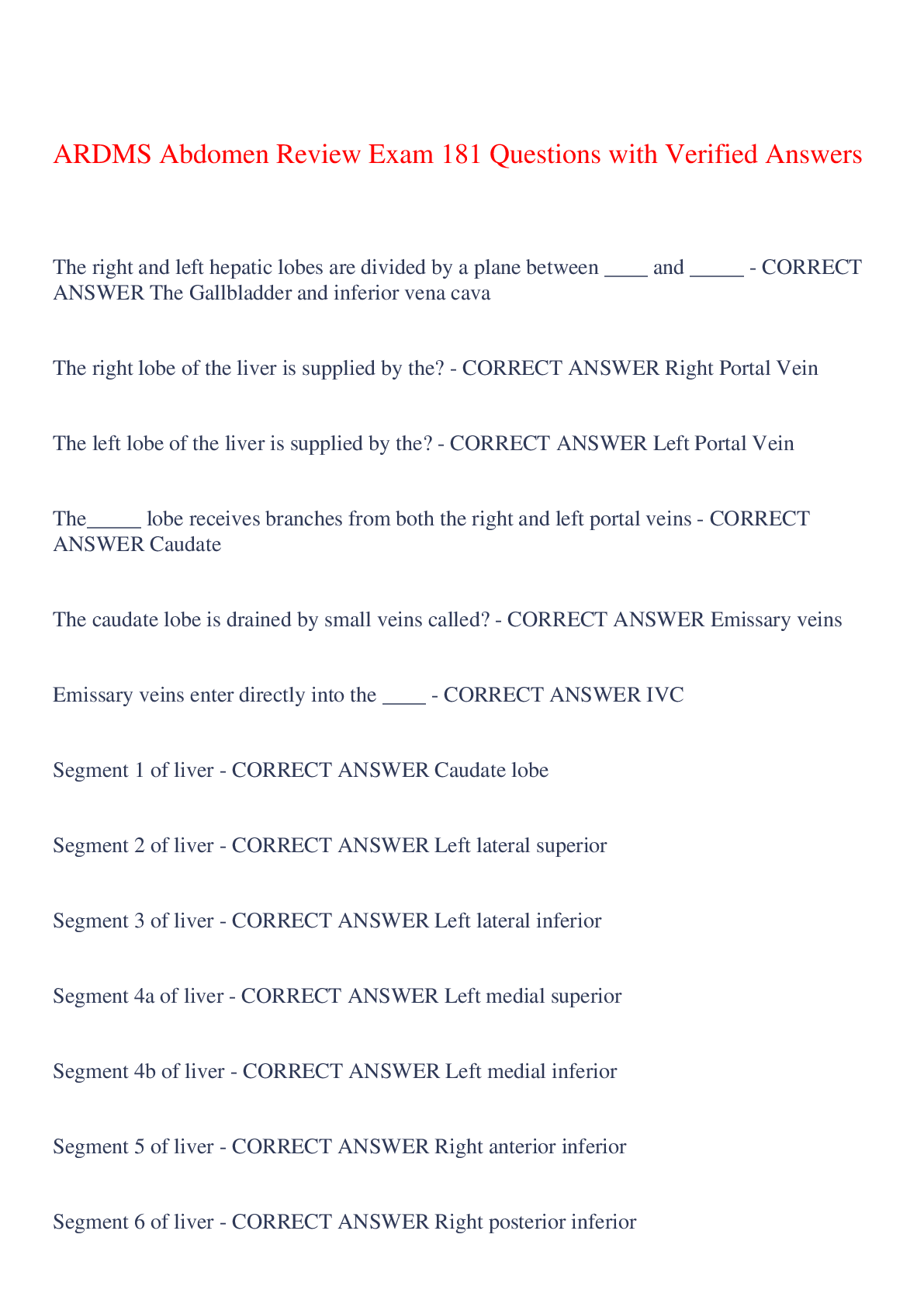 Preview image for ARDMS Abdomen Review Exam 181 Questions with Verified Answers,100% CORRECT