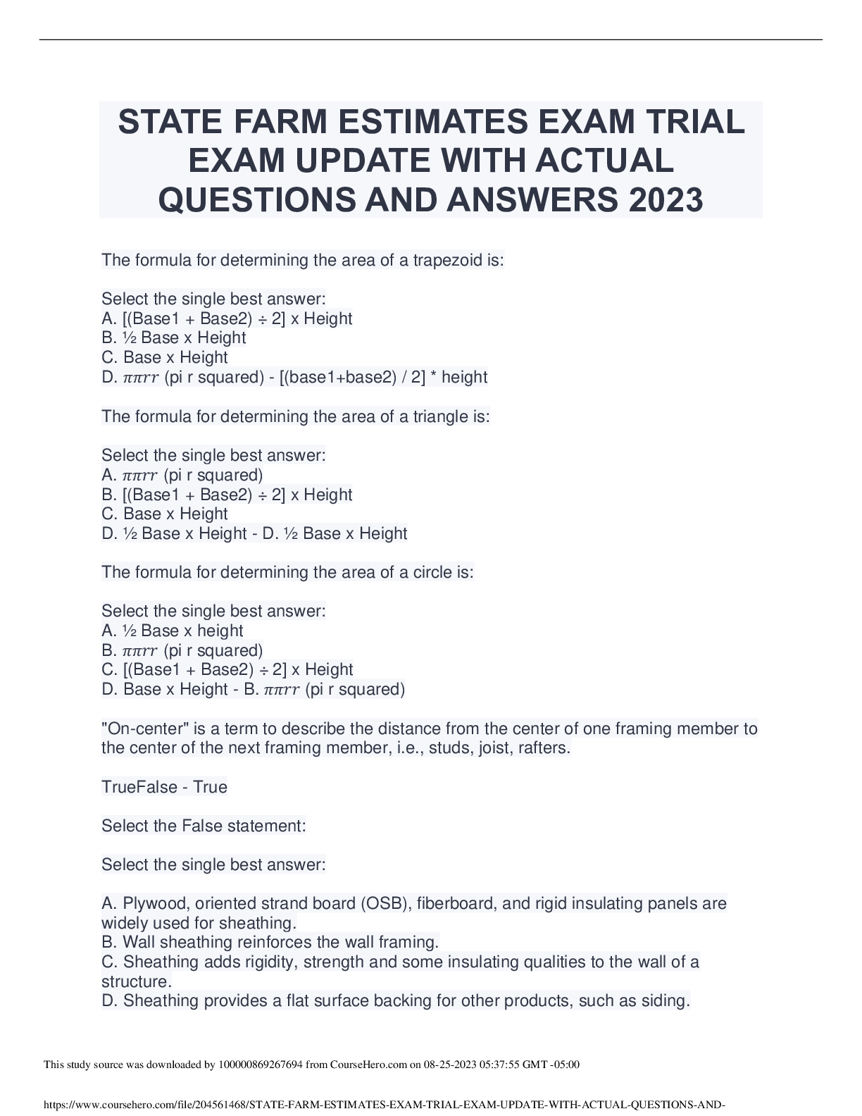 Preview of STATE FARM ESTIMATES EXAM TRIALEXAM UPDATE WITH ACTUALQUESTIONS AND ANSWERS 2023