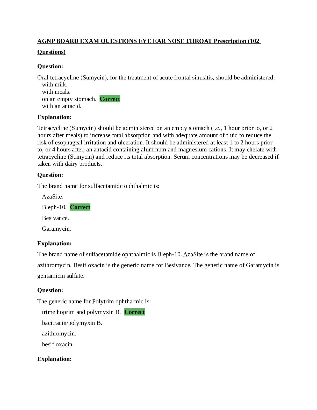 Preview image for AGNP BOARD EXAM QUESTIONS EYE EAR NOSE THROAT Prescription (102Questions)