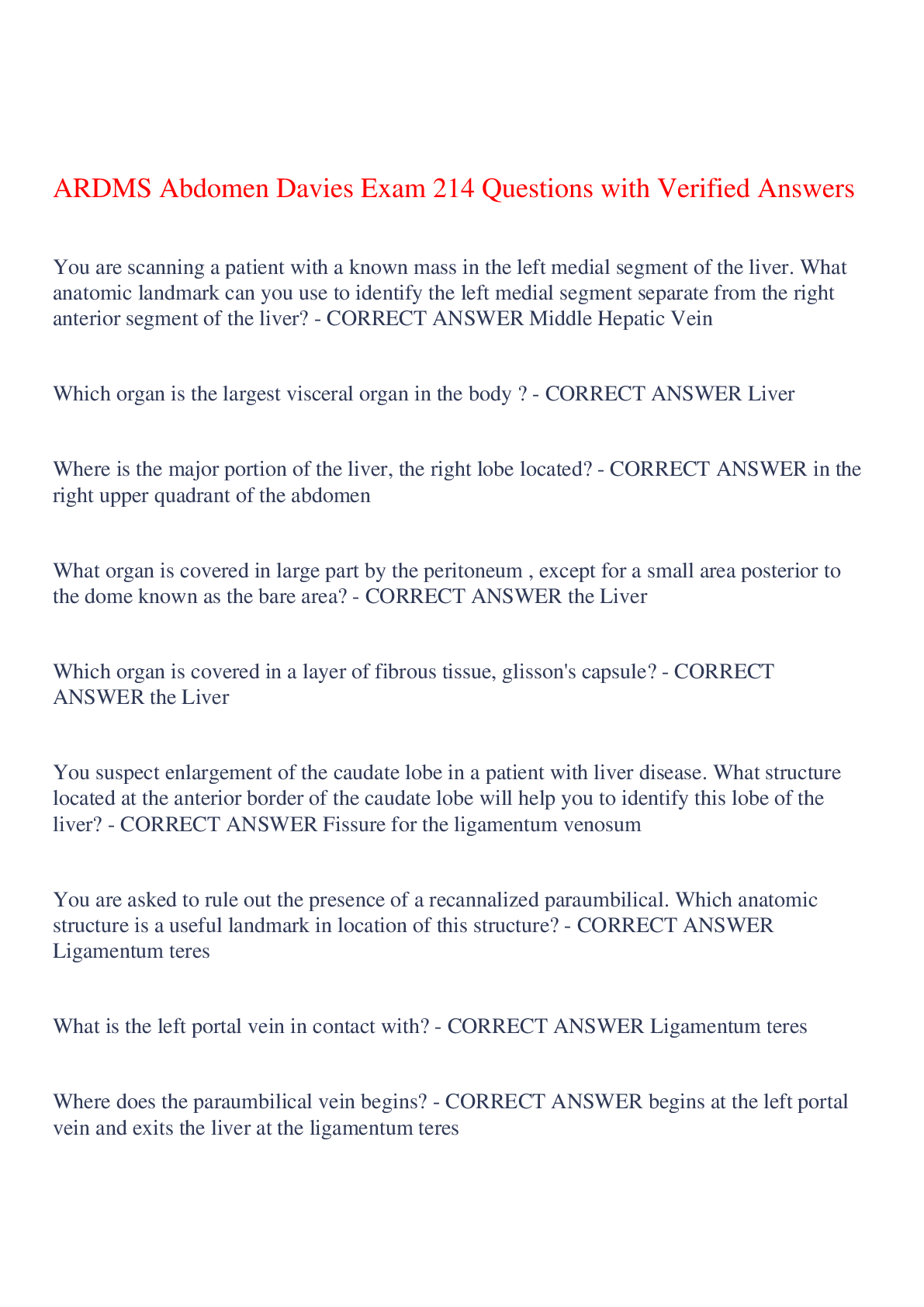 Preview image for ARDMS Abdomen Davies Exam 214 Questions with Verified Answers,100% CORRECT