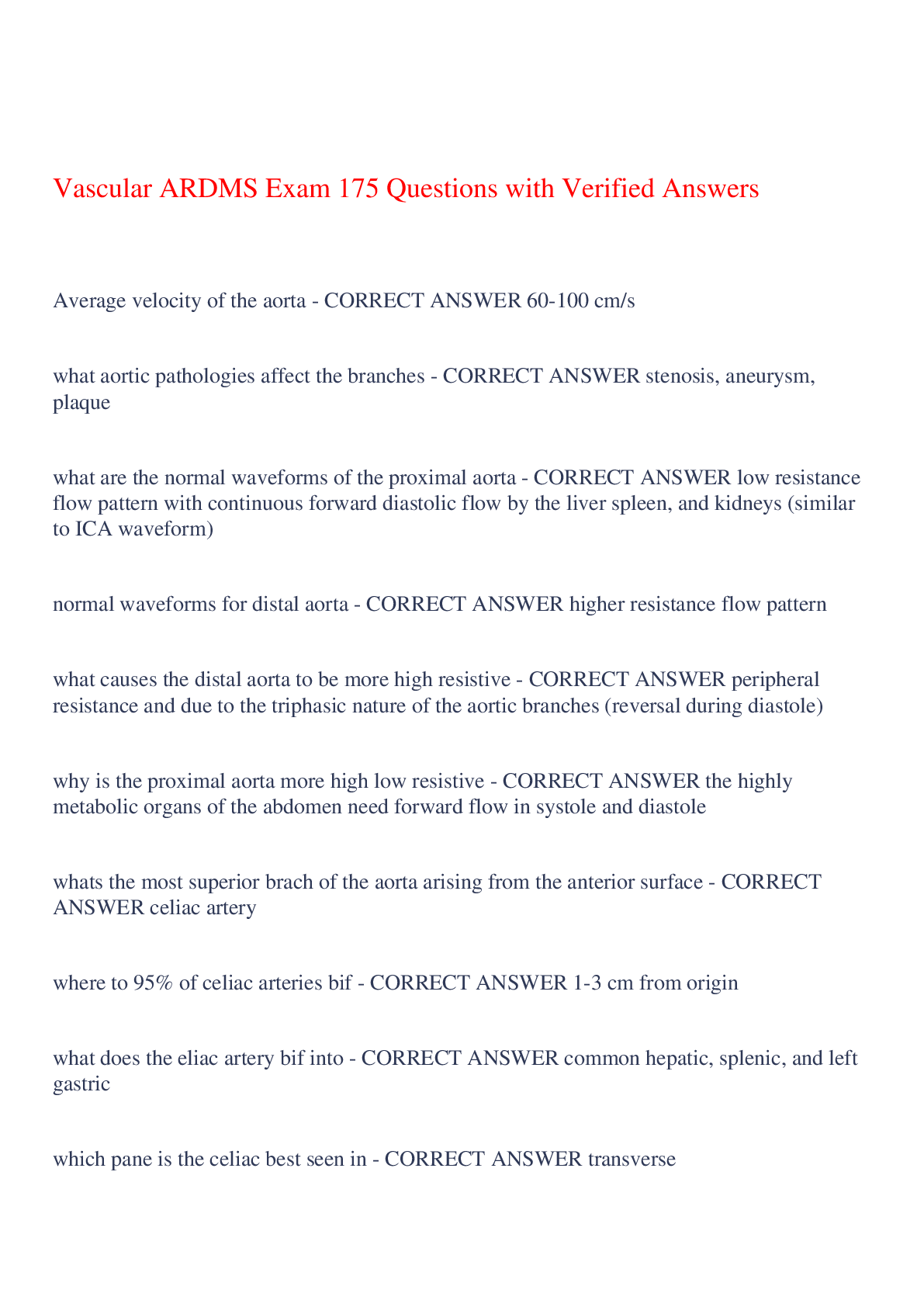 Preview image for Vascular ARDMS Exam 175 Questions with Verified Answers,100% CORRECT