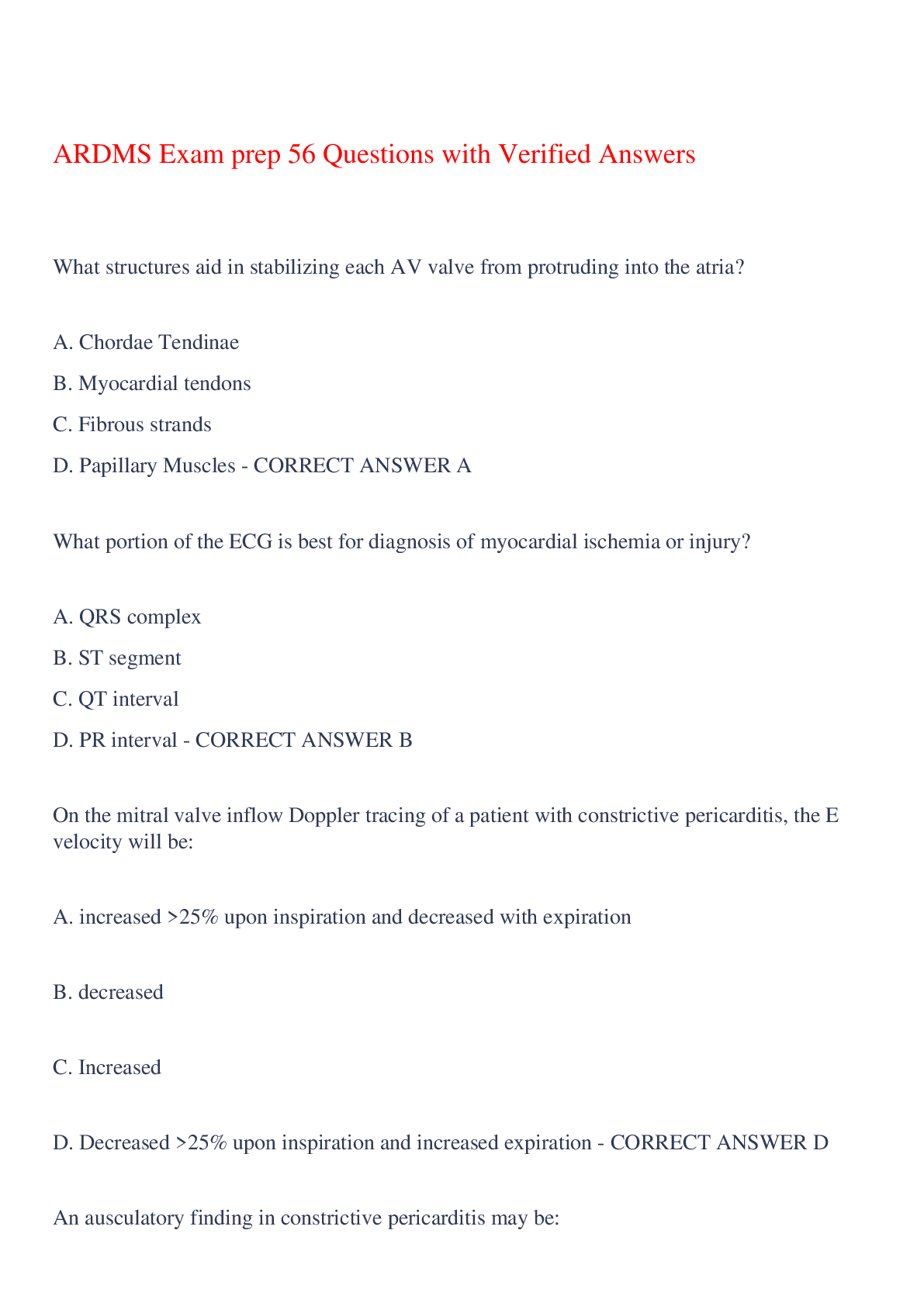 Preview image for ARDMS Exam prep 56 Questions with Verified Answers,100% CORRECT