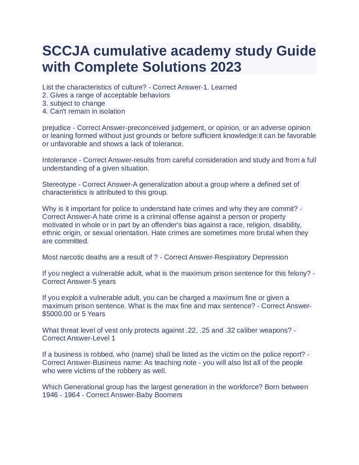 Preview image of SCCJA cumulative academy study Guidewith Complete Solutions 2023 document