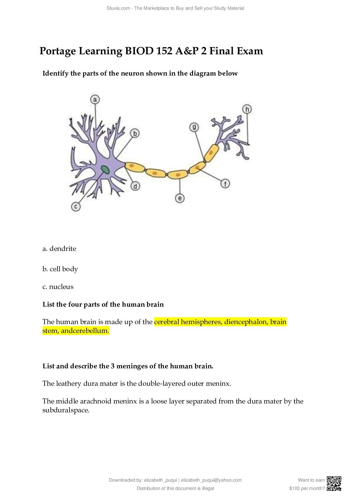 Preview of Portage Learning BIOD 152 A&amp;P 2 Final Exam 2023