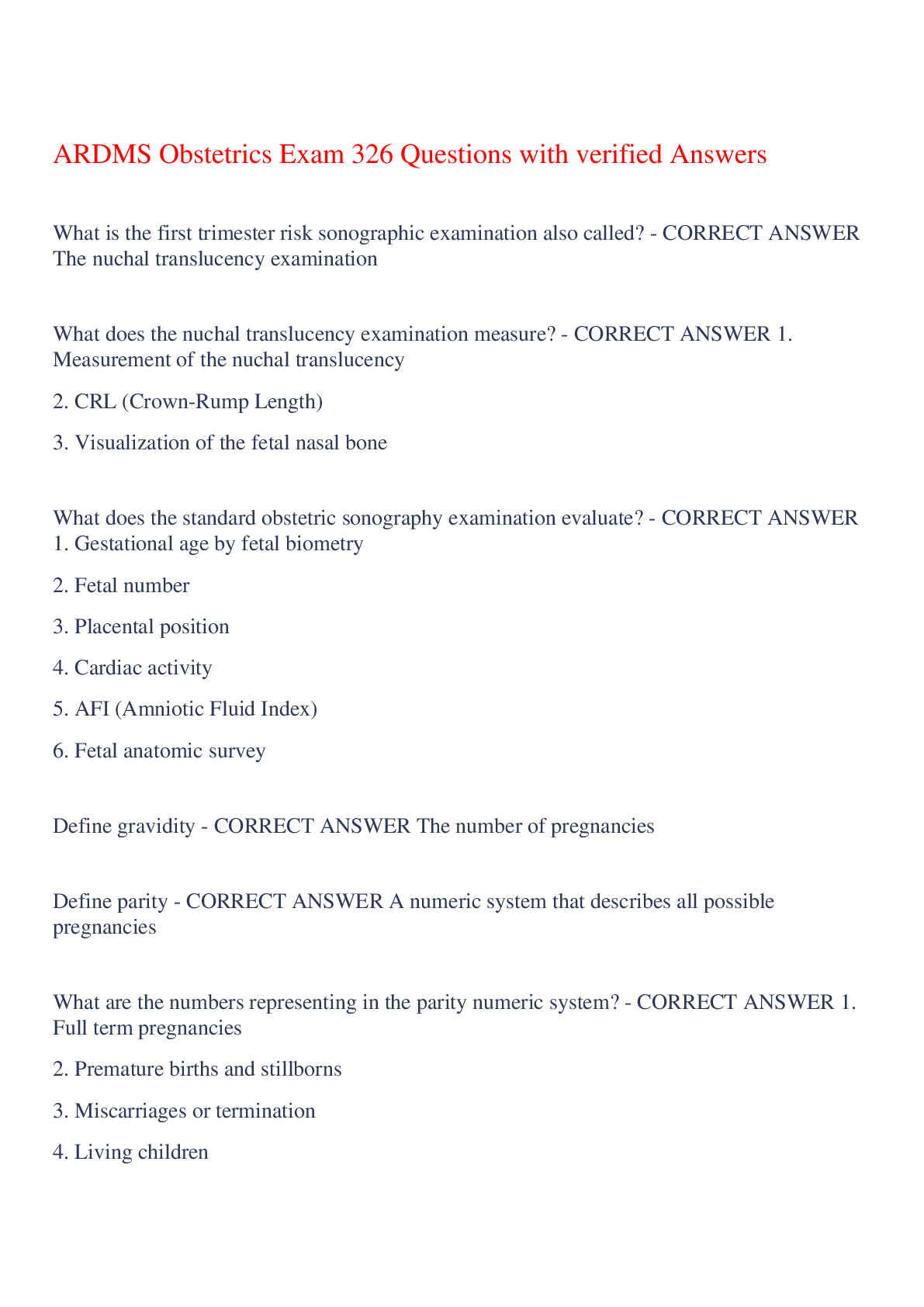 Preview of ARDMS Obstetrics Exam 326 Questions with verified Answers,100% CORRECT