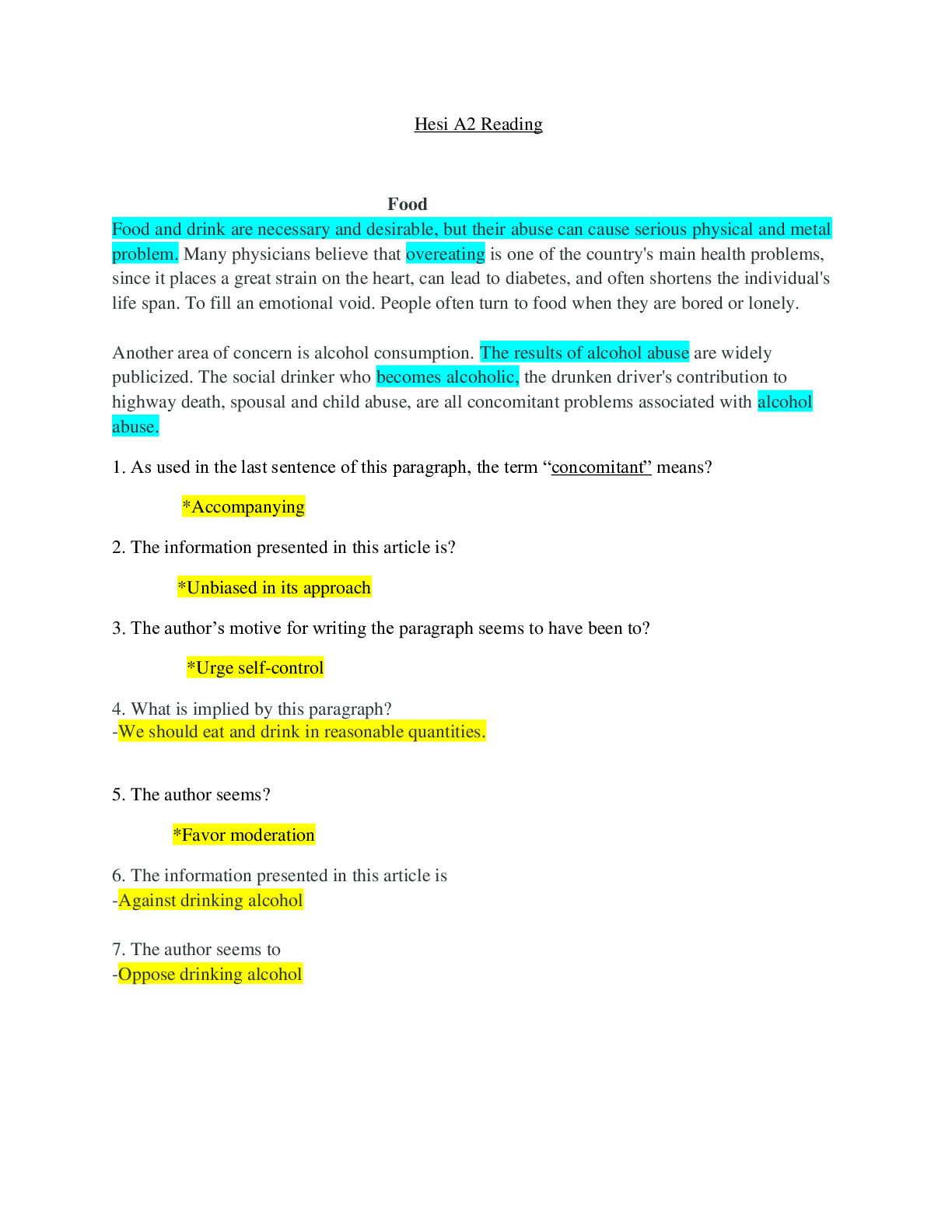 Preview image of Hesi A2 Reading FULL document