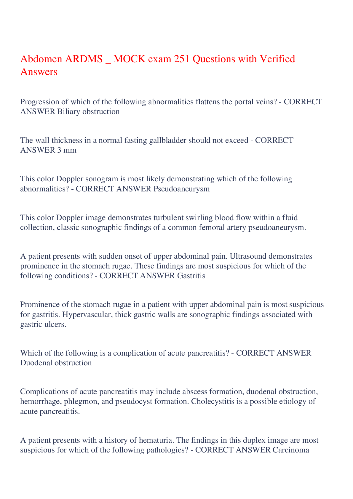 Preview image for Abdomen ARDMS _ MOCK exam 251 Questions with Verified Answers ,100% CORRECT