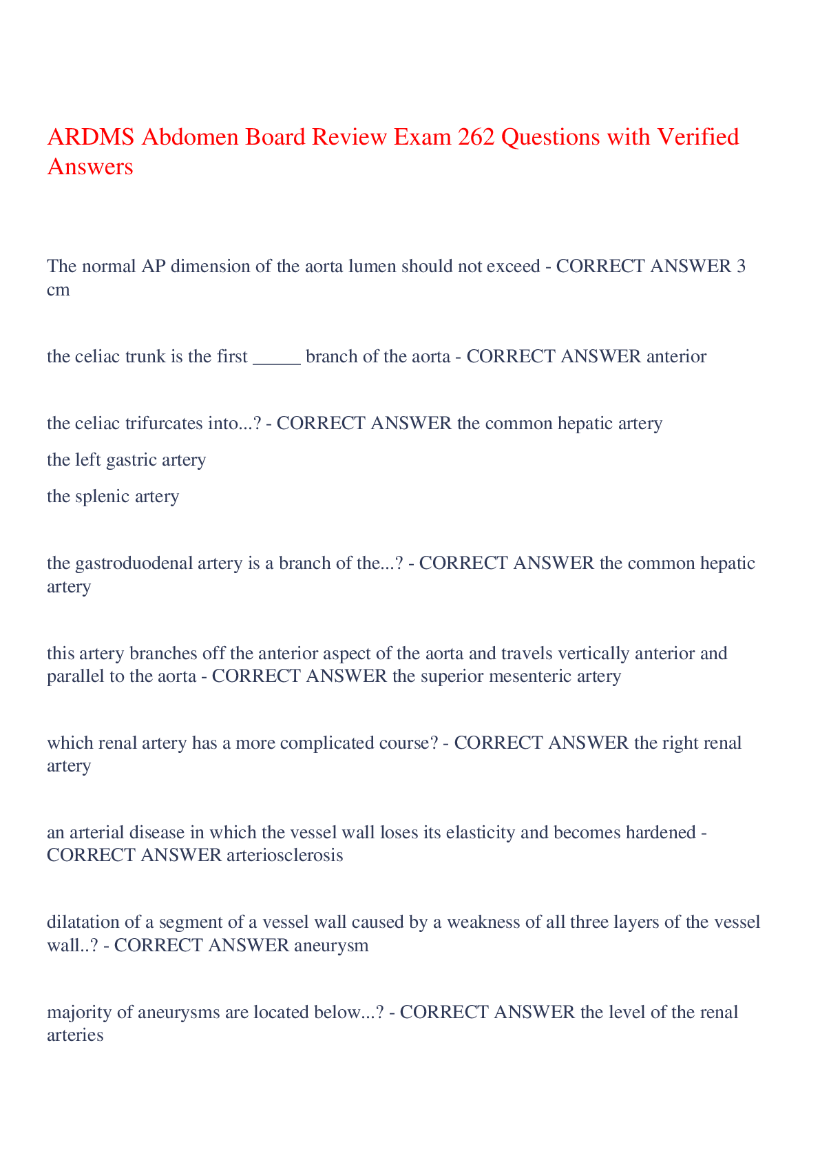 Preview of ARDMS Abdomen Board Review Exam 262 Questions with Verified Answers,100% CORRECT