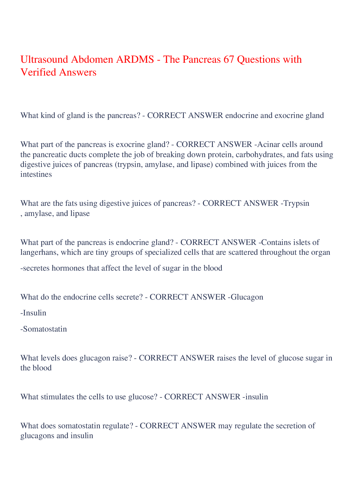 Preview image for Ultrasound Abdomen ARDMS - The Pancreas 67 Questions with Verified Answers,100% CORRECT