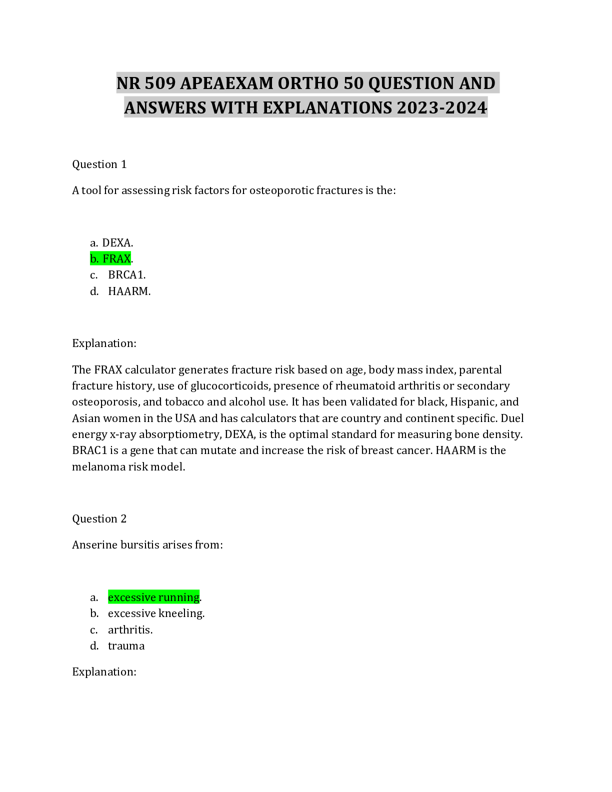 Preview image for NR 509 APEA EXAM ORTHO 50 QUESTION AND ANSWERS WITH EXPLANATIONS 2023-2024