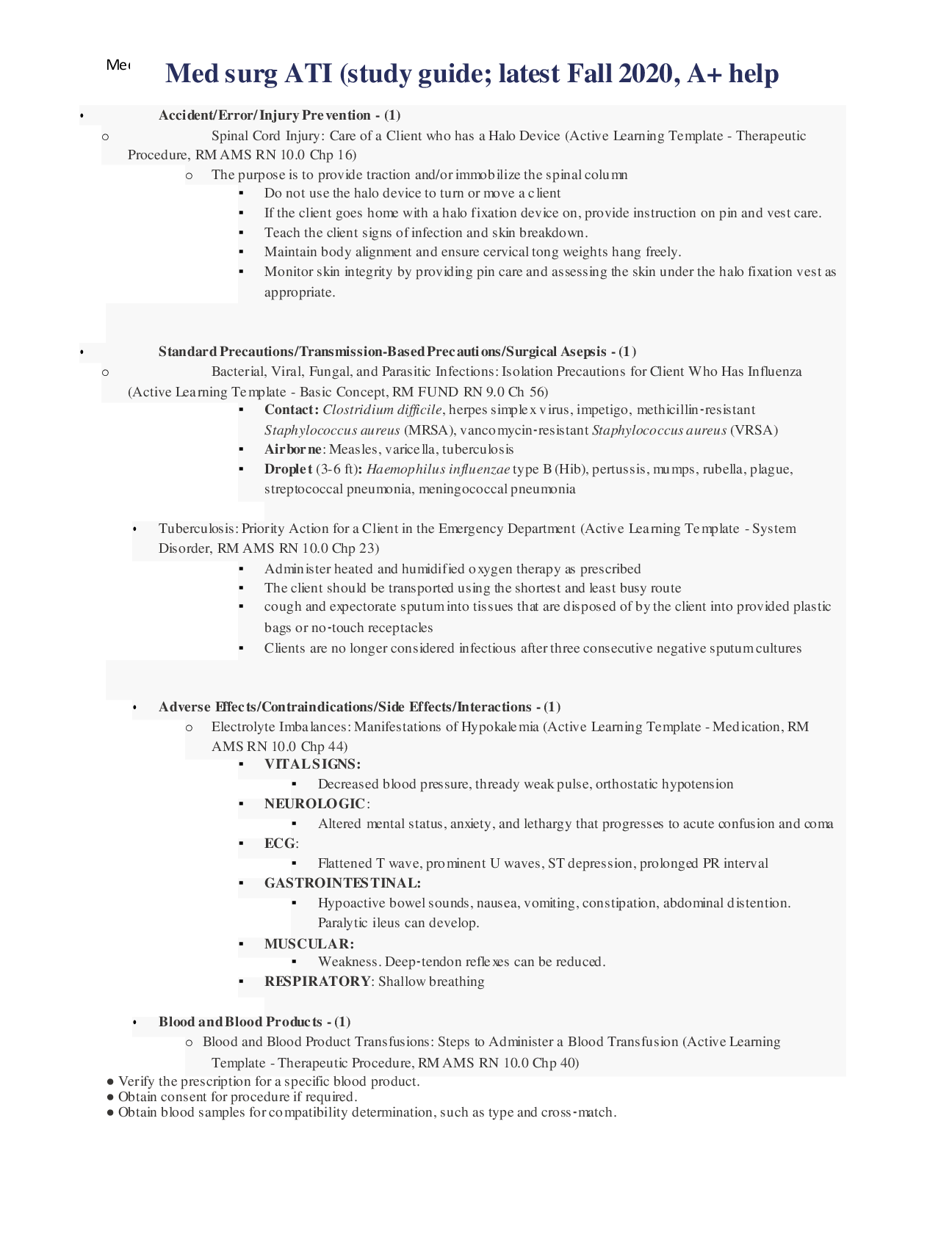 Preview image of Med surg ATI (study guide; latest Fall 2020, A+ help document