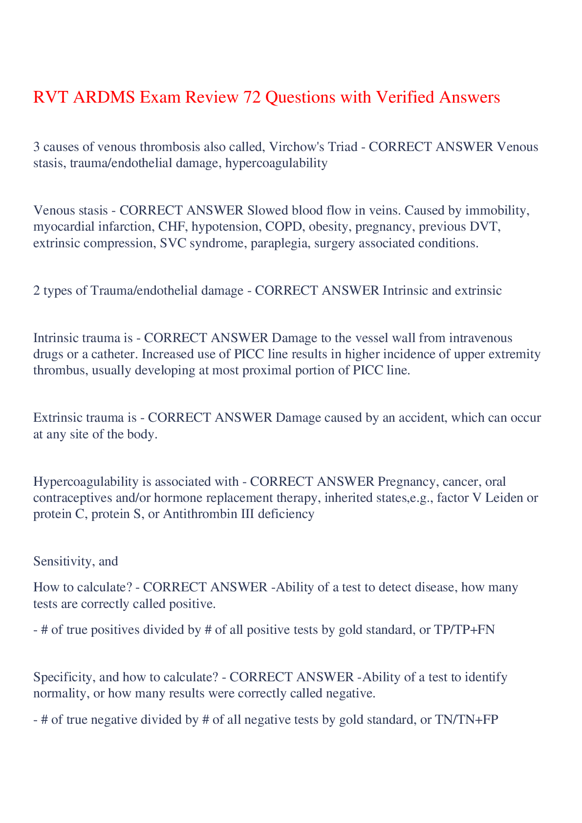 Preview image for RVT ARDMS Exam Review 72 Questions with Verified Answers,100% CORRECT