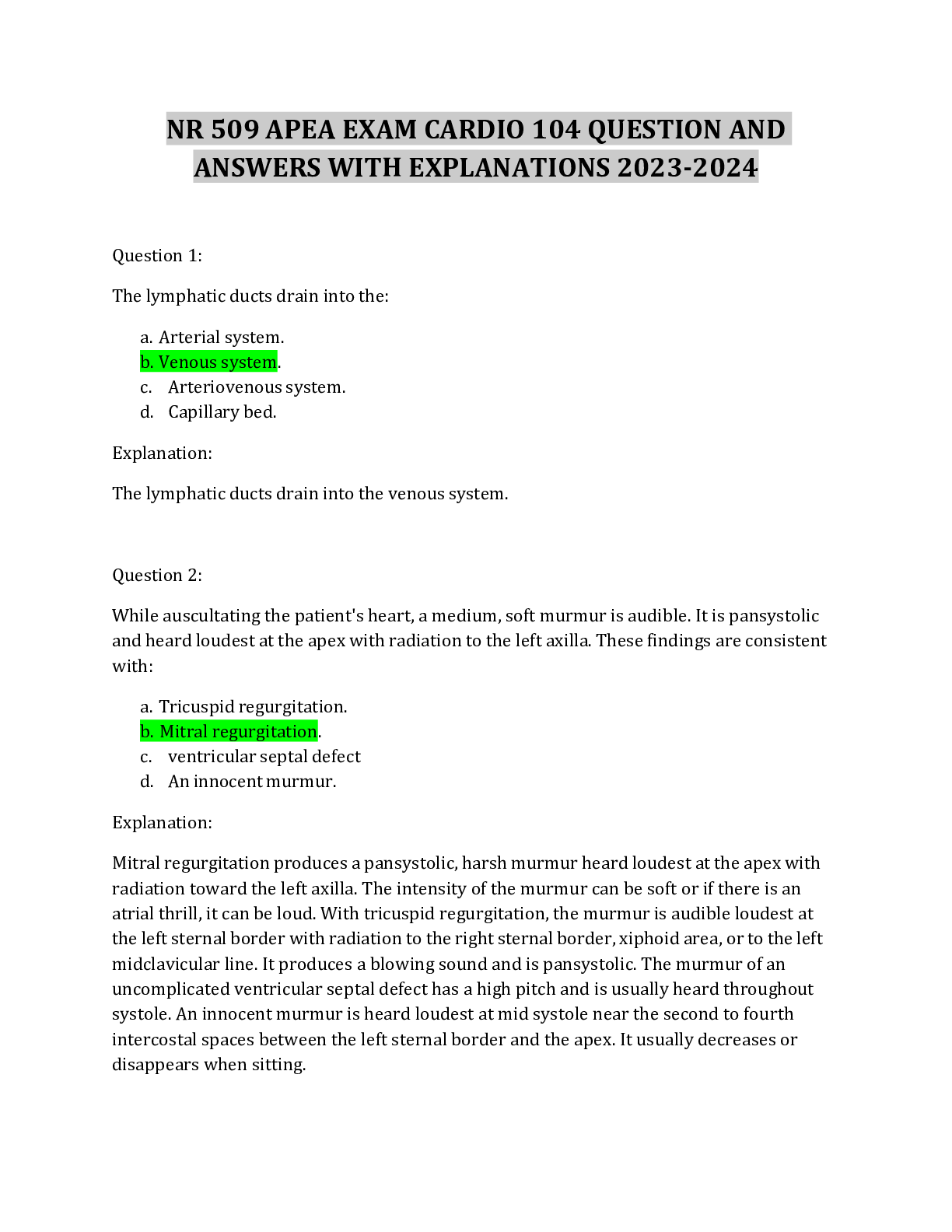 Preview image for NR 509 APEA  EXAM CARDIO 104 QUESTION AND ANSWERS WITH EXPLANATIONS 2023-2024