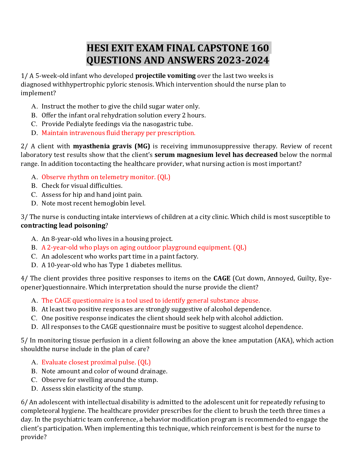 Preview image for HESI EXIT EXAM FINAL CAPSTONE 160 QUESTIONS AND ANSWERS 2023-2024