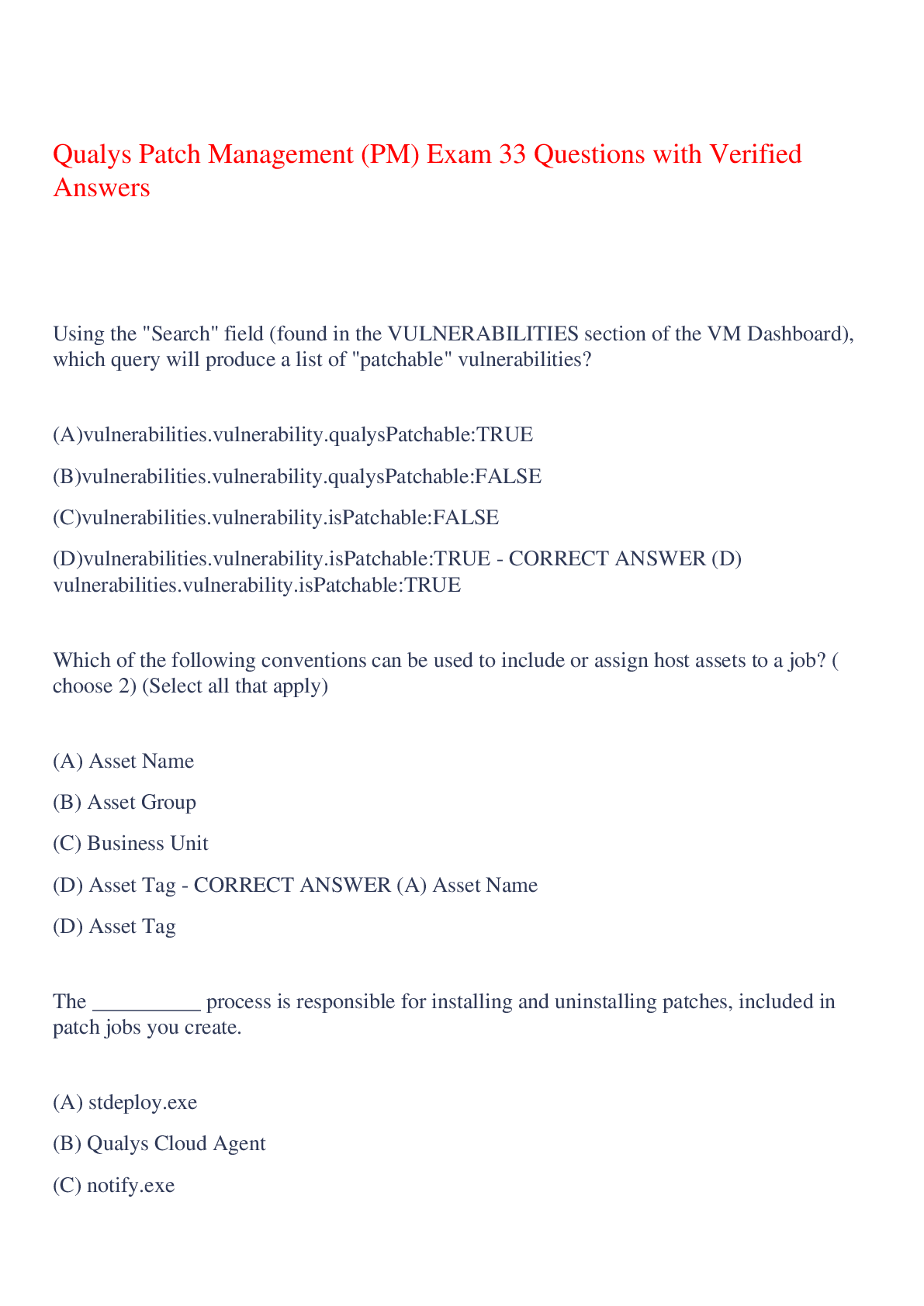 Preview of Qualys Patch Management (PM) Exam 33 Questions with Verified Answers,100% CORRECT