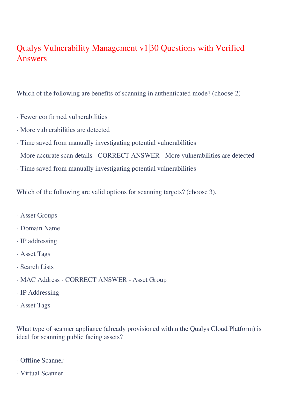 Preview of Qualys Vulnerability Management v1|30 Questions with Verified Answers,100% CORRECT