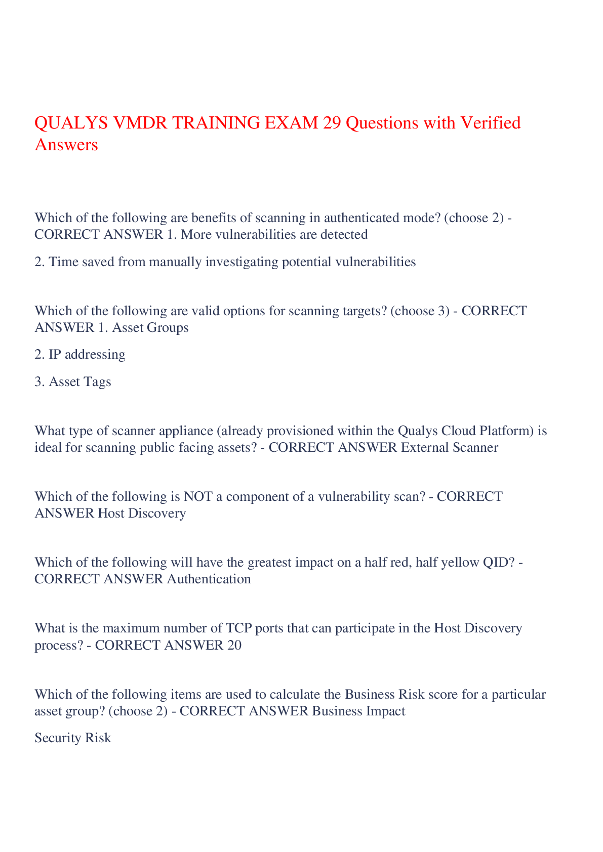 Preview image for QUALYS VMDR TRAINING EXAM 29 Questions with Verified Answers,100% CORRECT