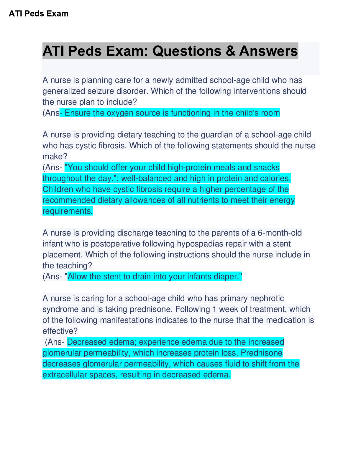 Preview of ATI Peds Exam Study Guide : Questions &amp; Answers:  Latest Updated