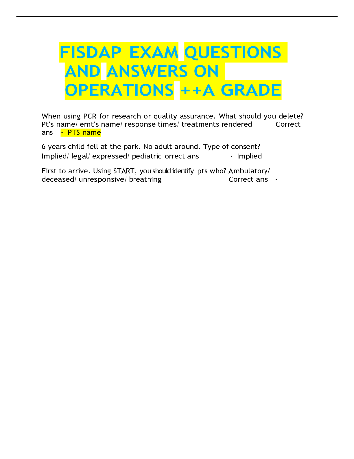 FISDAP EXAM QUESTIONS AND ANSWERS - Browsegrades