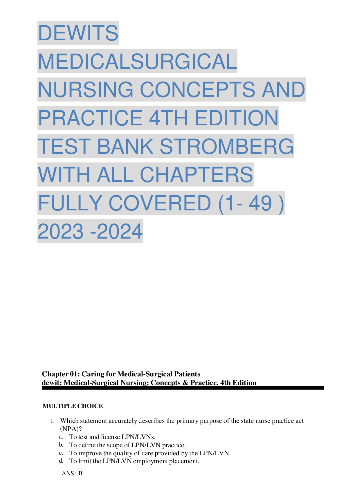 Preview image for DEWITS MEDICALSURGICAL NURSING CONCEPTS