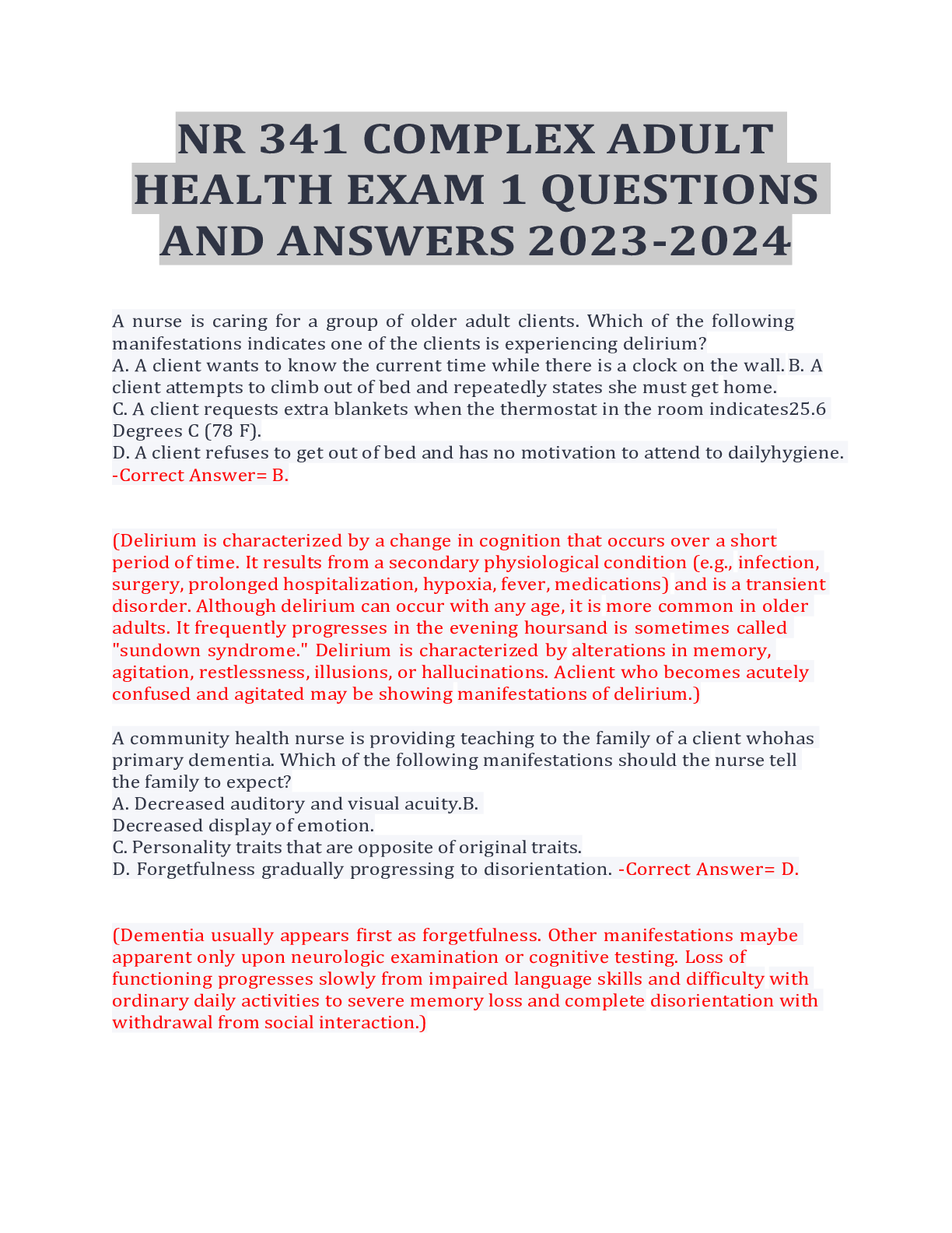 Preview image for NR 341 COMPLEX ADULT HEALTH EXAM 1 QUESTIONS AND ANSWERS 2023-2024
