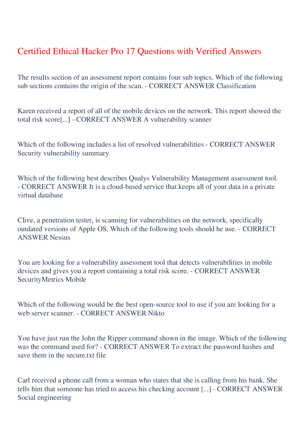 Preview image for Certified Ethical Hacker Pro 17 Questions with Verified Answers,100% CORRECT