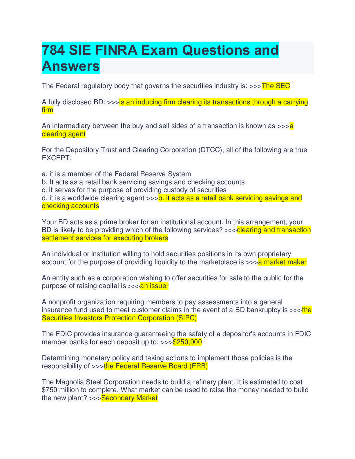 Preview of SIE Regulations (FINRA Rules) Exam Questions and Answers Graded A FULL Test Bank