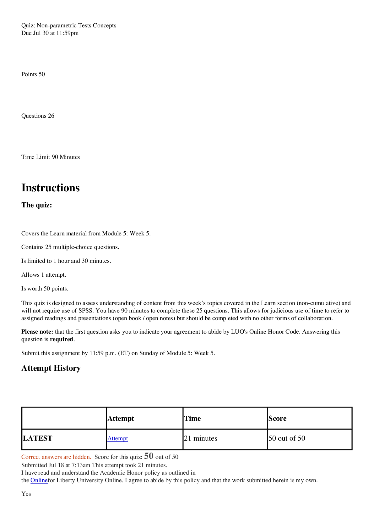 Preview image of PSYC 515 Module 5: Week 5 Quiz: Non-parametric Tests Concepts 2023 worth 50 points. document