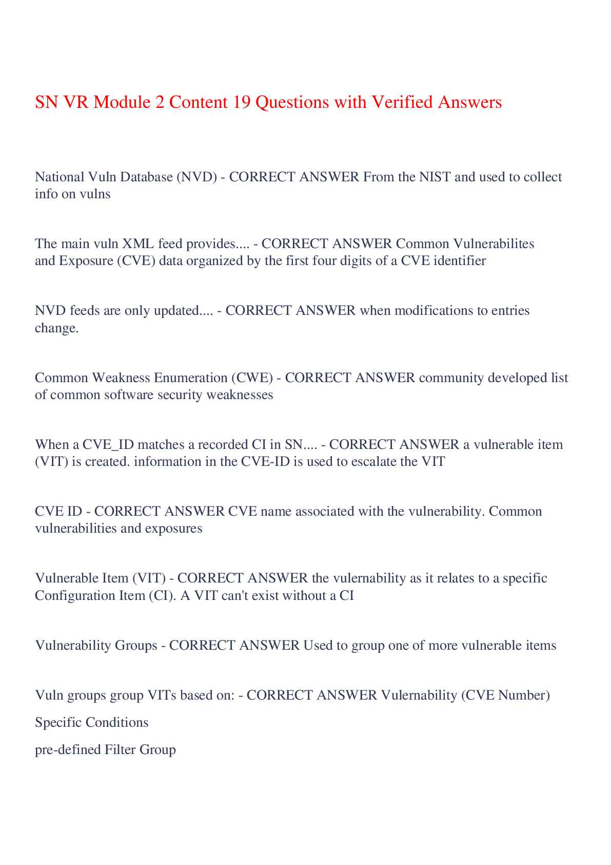 Preview of SN VR Module 2 Content 19 Questions with Verified Answers,100% CORRECT