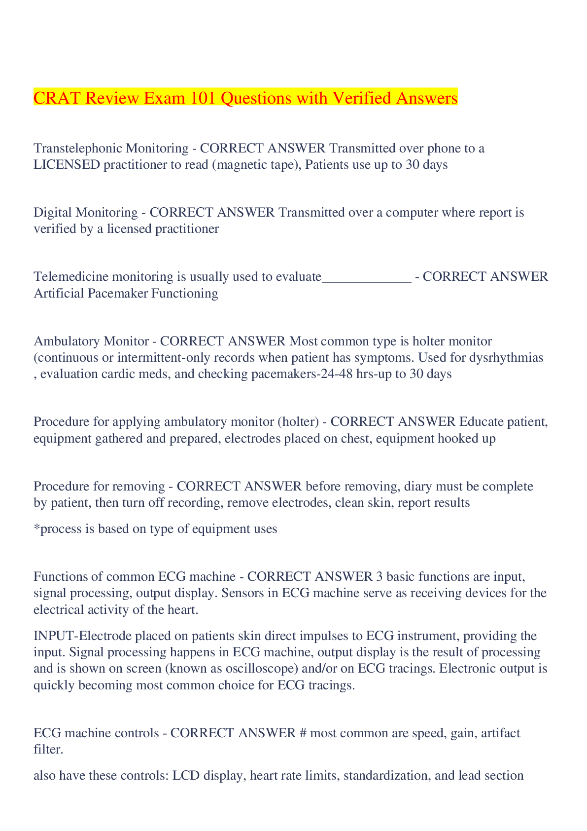 Preview image for CRAT Review Exam 101 Questions with Verified Answers,100% CORRECT