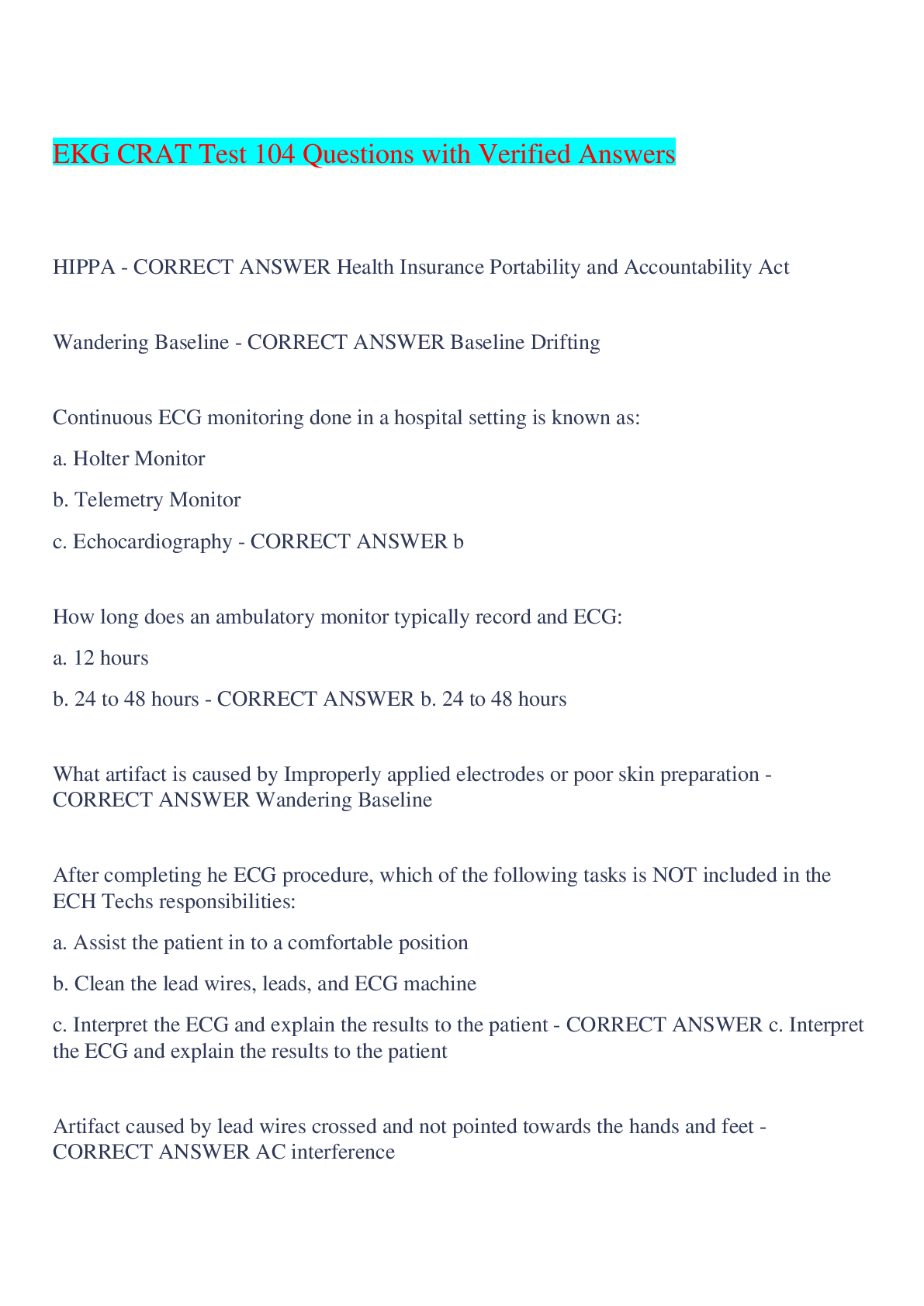 Preview image for EKG CRAT Test 104 Questions with Verified Answers,100% CORRECT