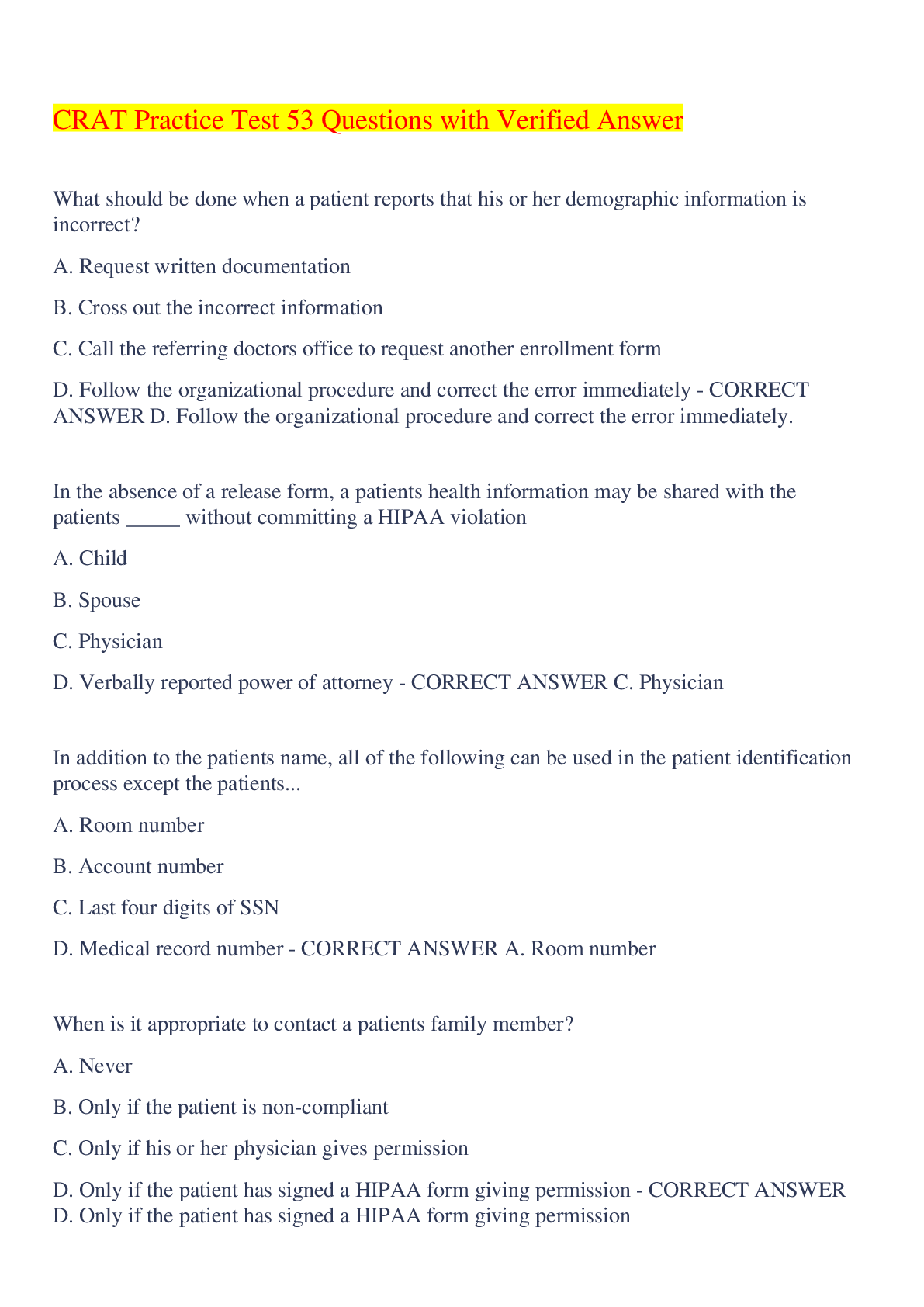 Preview image for CRAT Practice Test 53 Questions with Verified Answer,100% CORRECT